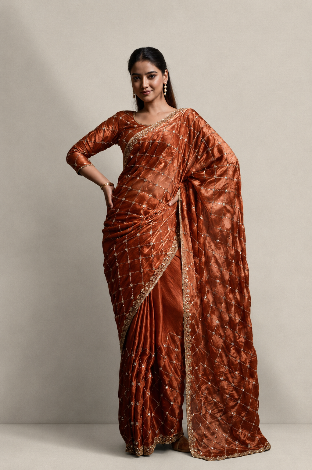 Rusty Dark Orange Organza Silk Saree with Hand Embroidery with Stitched Blouse