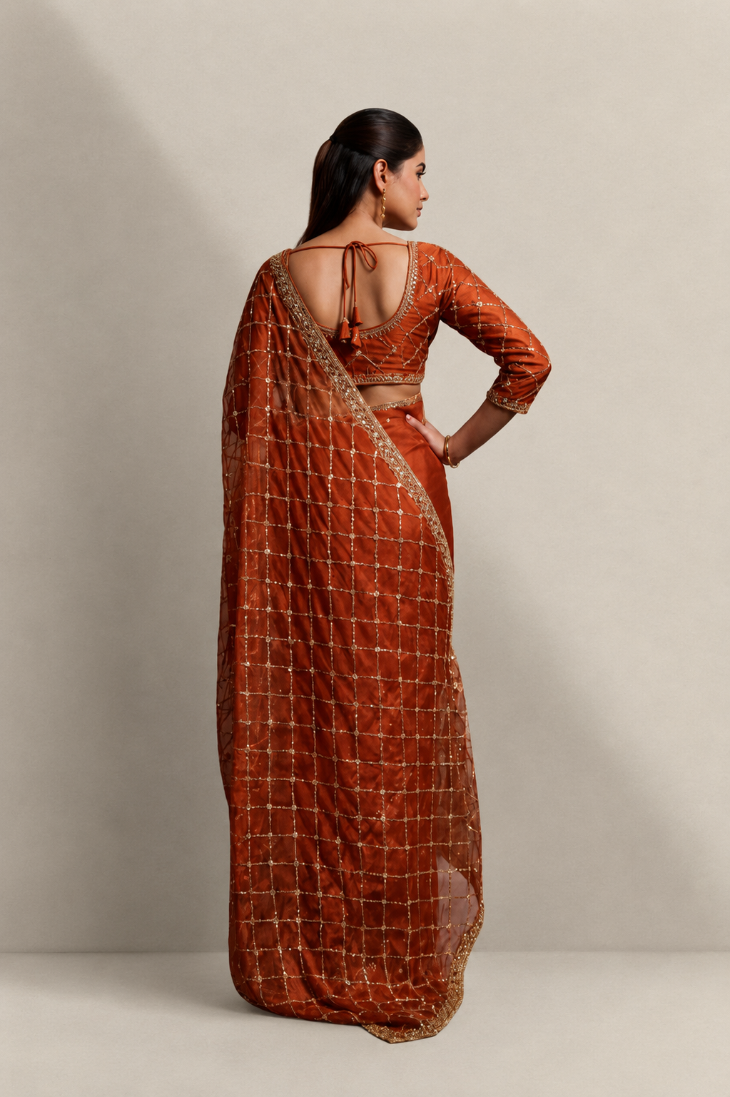 Rusty Dark Orange Organza Silk Saree with Hand Embroidery with Stitched Blouse