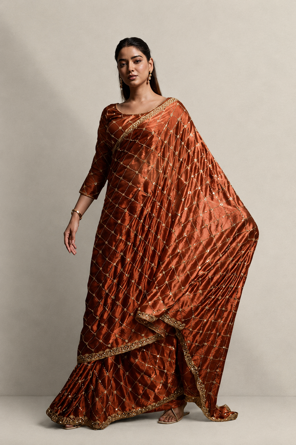 Rusty Dark Orange Organza Silk Saree with Hand Embroidery with Stitched Blouse