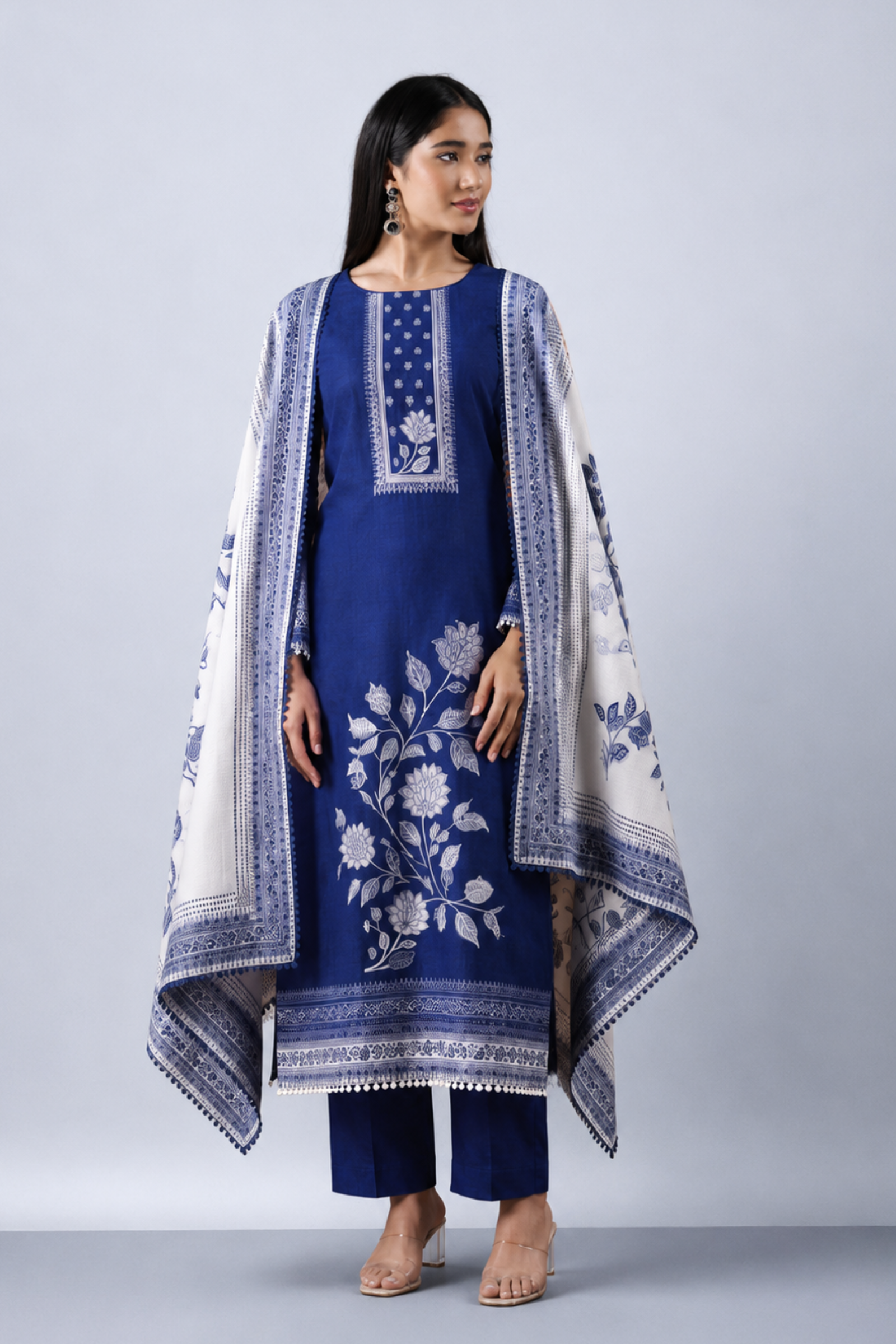 Royal Blue Pure Bemberg Banarasi Jamdani Suit Set with Crochet Lace Design