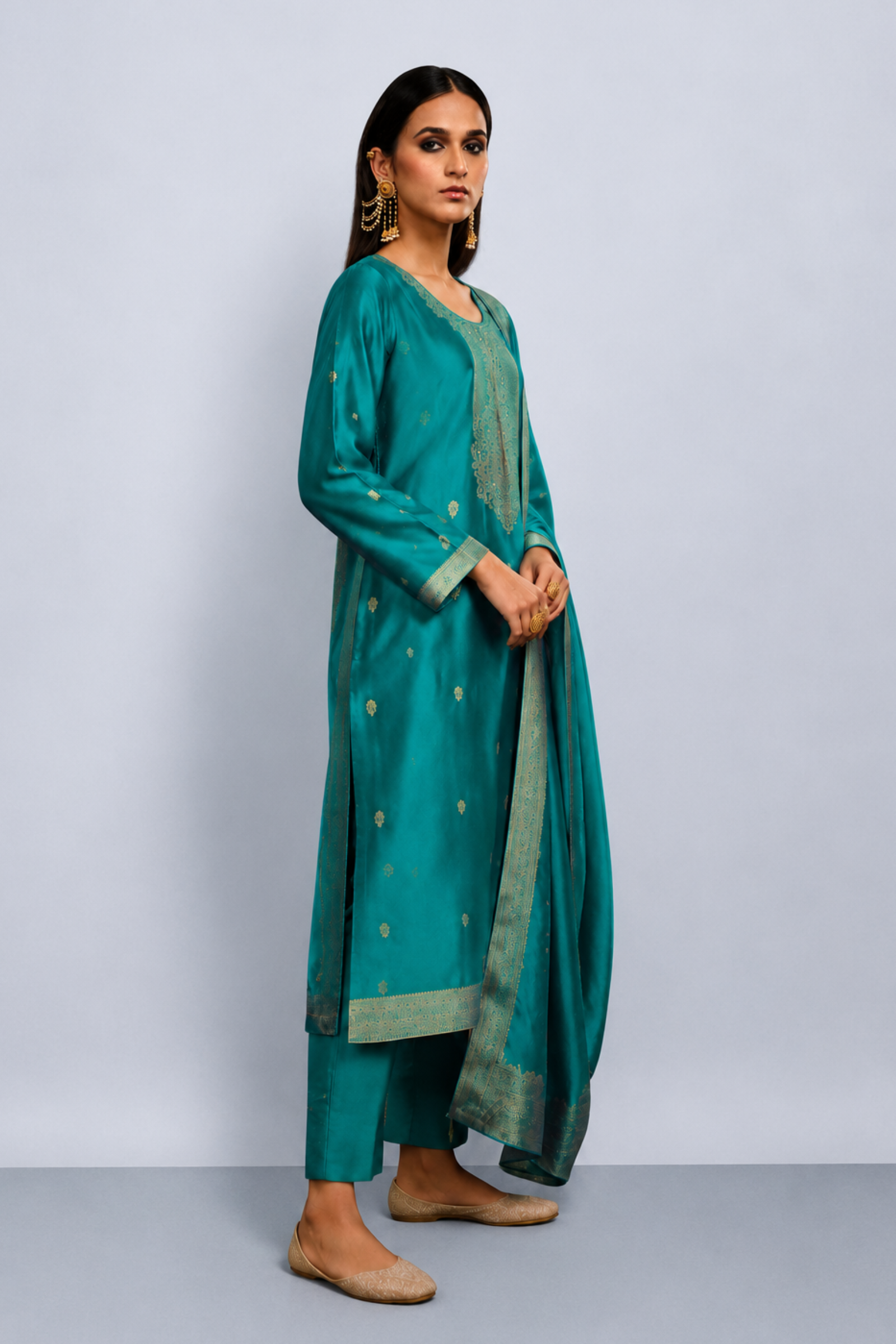 Peacock Blue Viscose Woven Silk Jacquard Suit Set with Hand Work Design