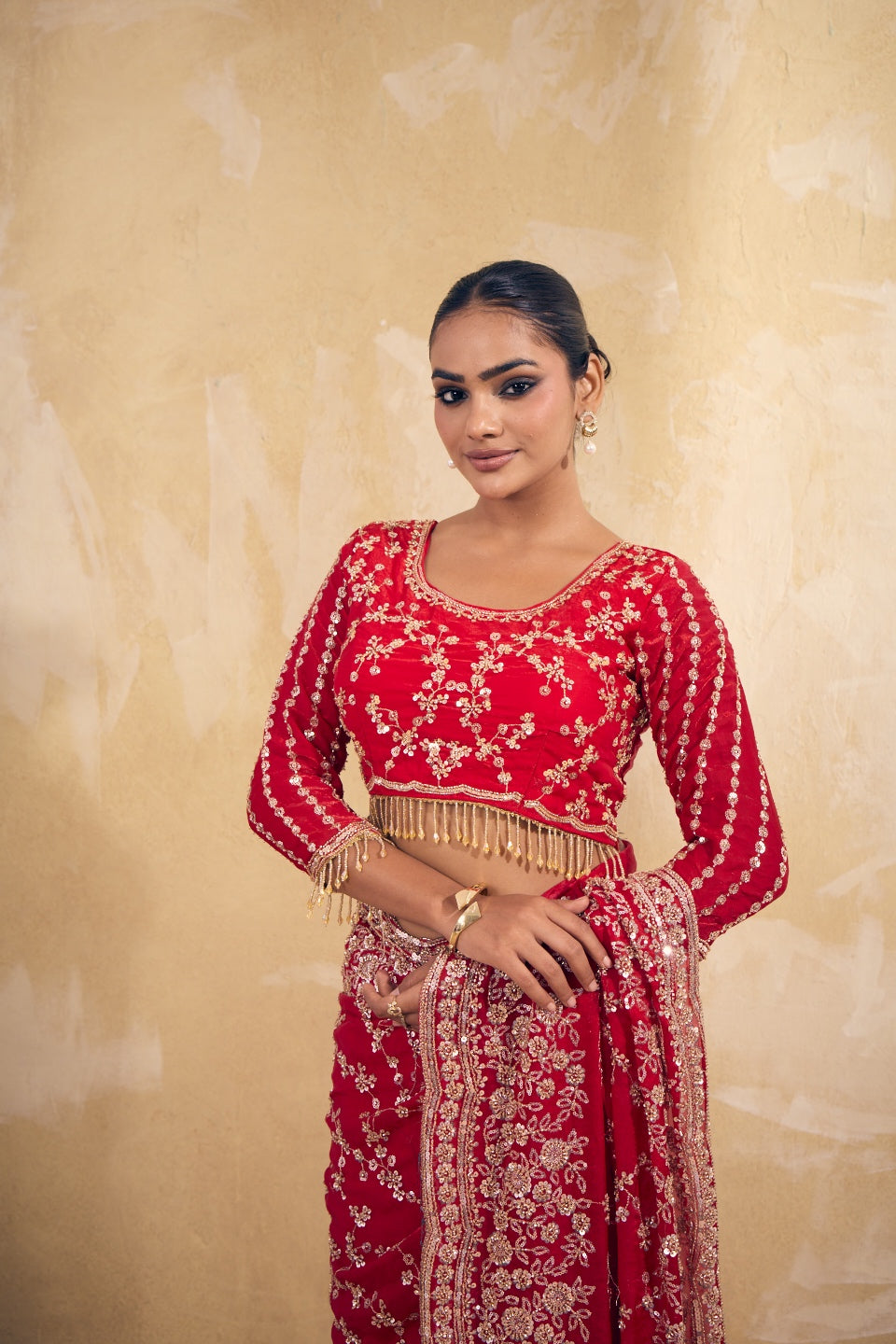 Bridal Red Organza Saree with Embroidery work