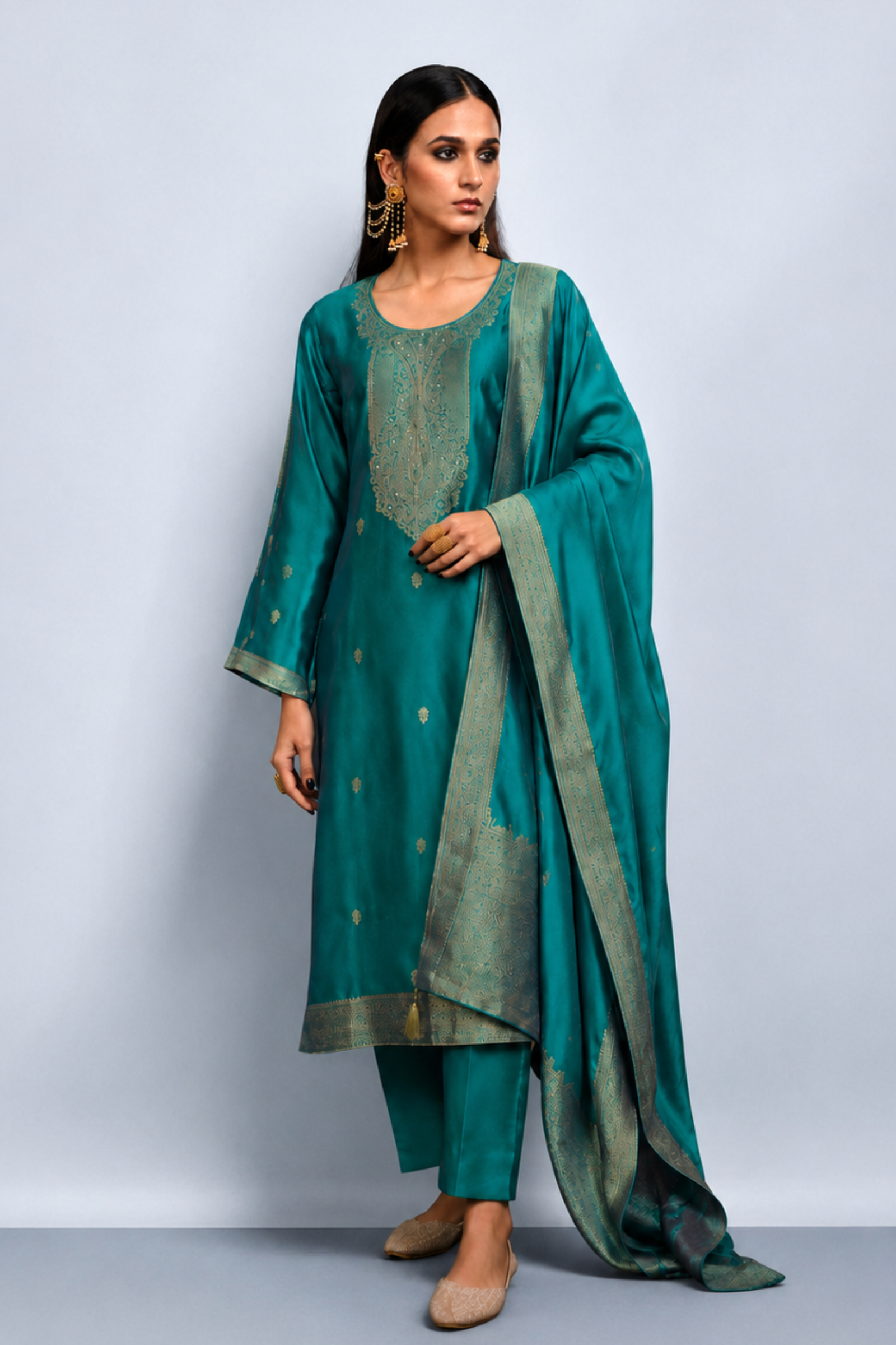 Peacock Blue Viscose Woven Silk Jacquard Suit Set with Hand Work Design