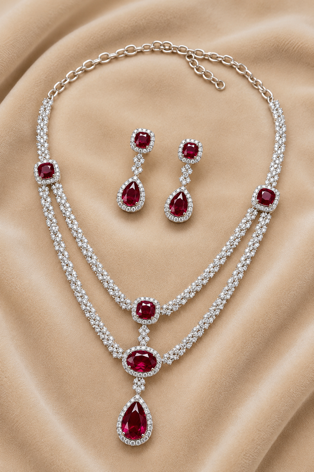 Ruby Oval-Cut Necklace Set with American Diamond Detailing