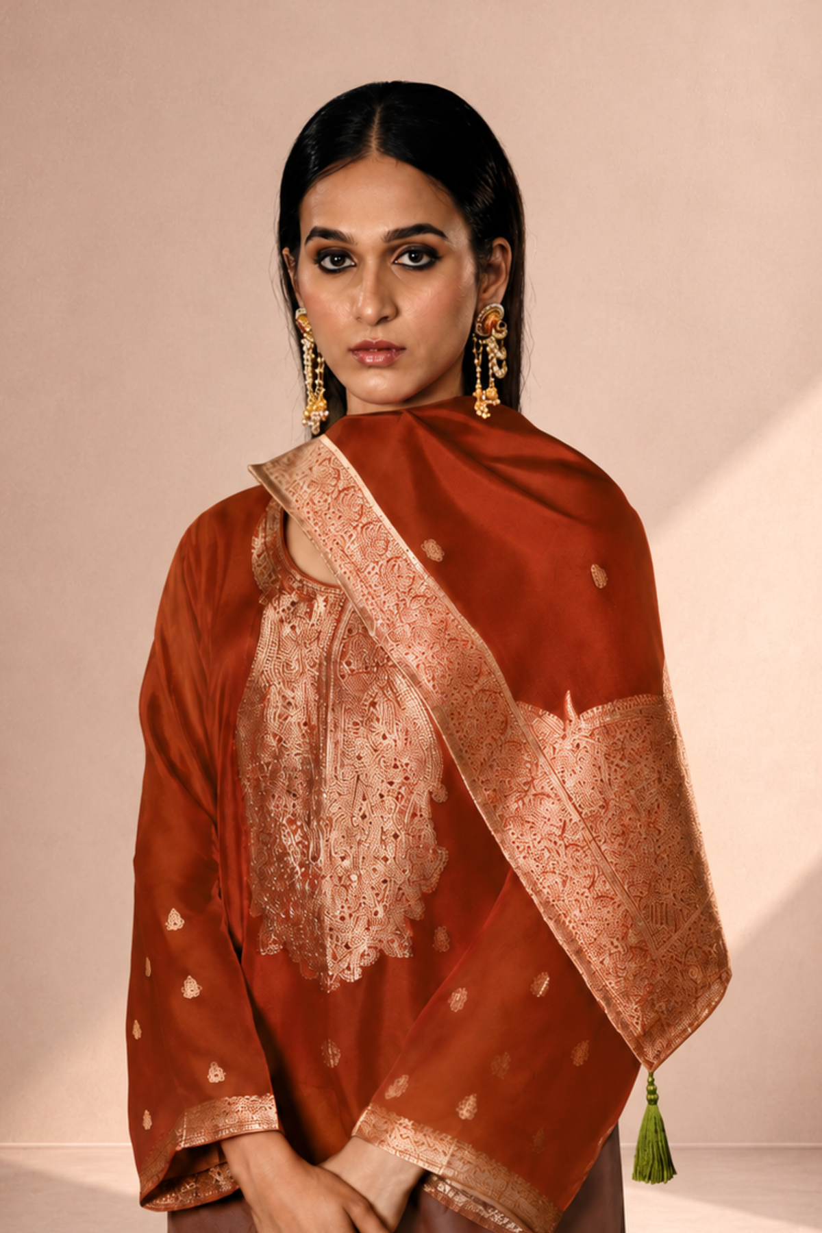 Rust Orange Viscose Silk Jacquard Suit Set With Hand Work