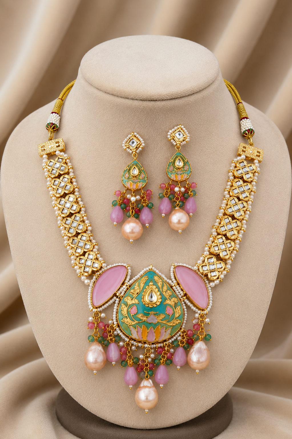 Gold Finish Kundan Necklace Jewellery with Multi-Color Beads and Pearls