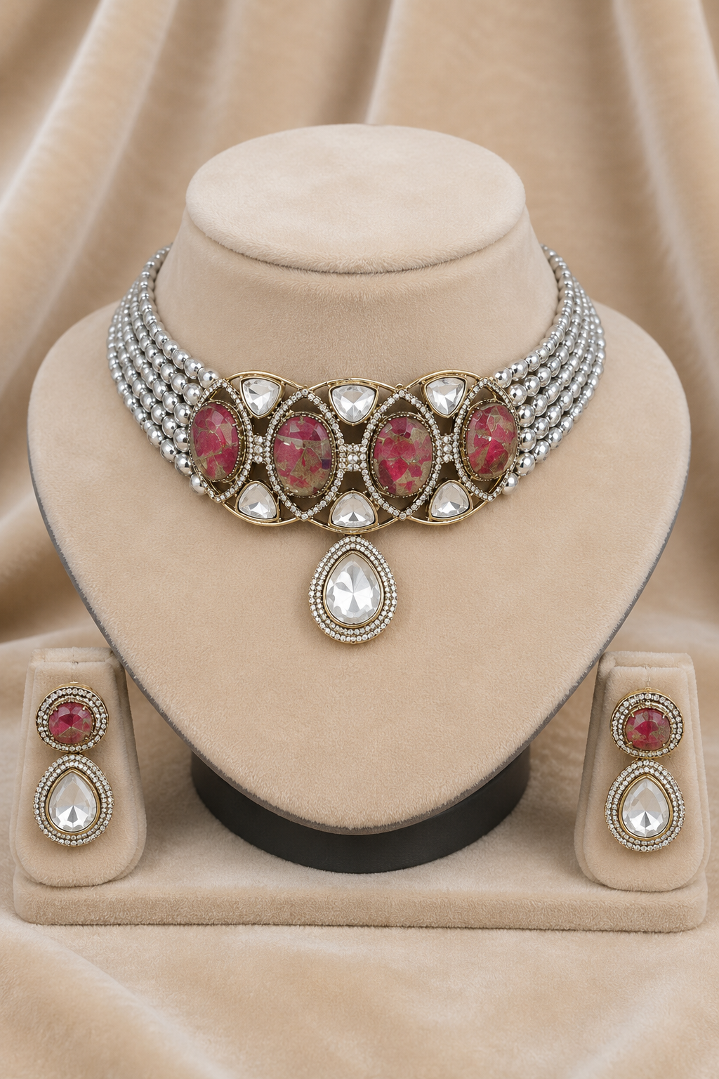 Pearl Multi-Strand Kundan Necklace Set with Red & White Teardrop Stones and Matching Earrings