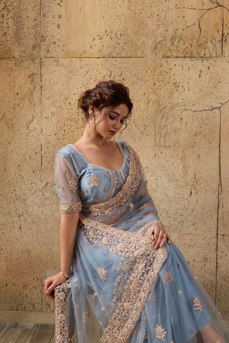 Dusty Blue Net Saree with Hand Embroidery with Stitched Blouse