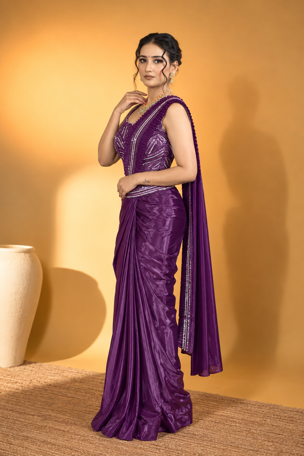 Dark Purple Satin Silk Pre-Draped Saree with Embroidered Work