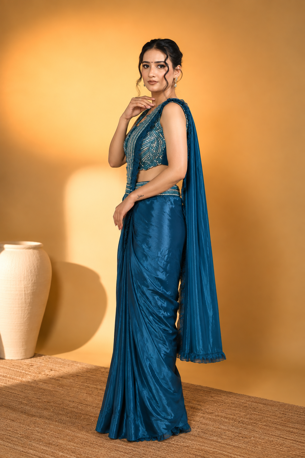 Teal Blue Satin Silk Pre-Draped Saree with Embroidered Work