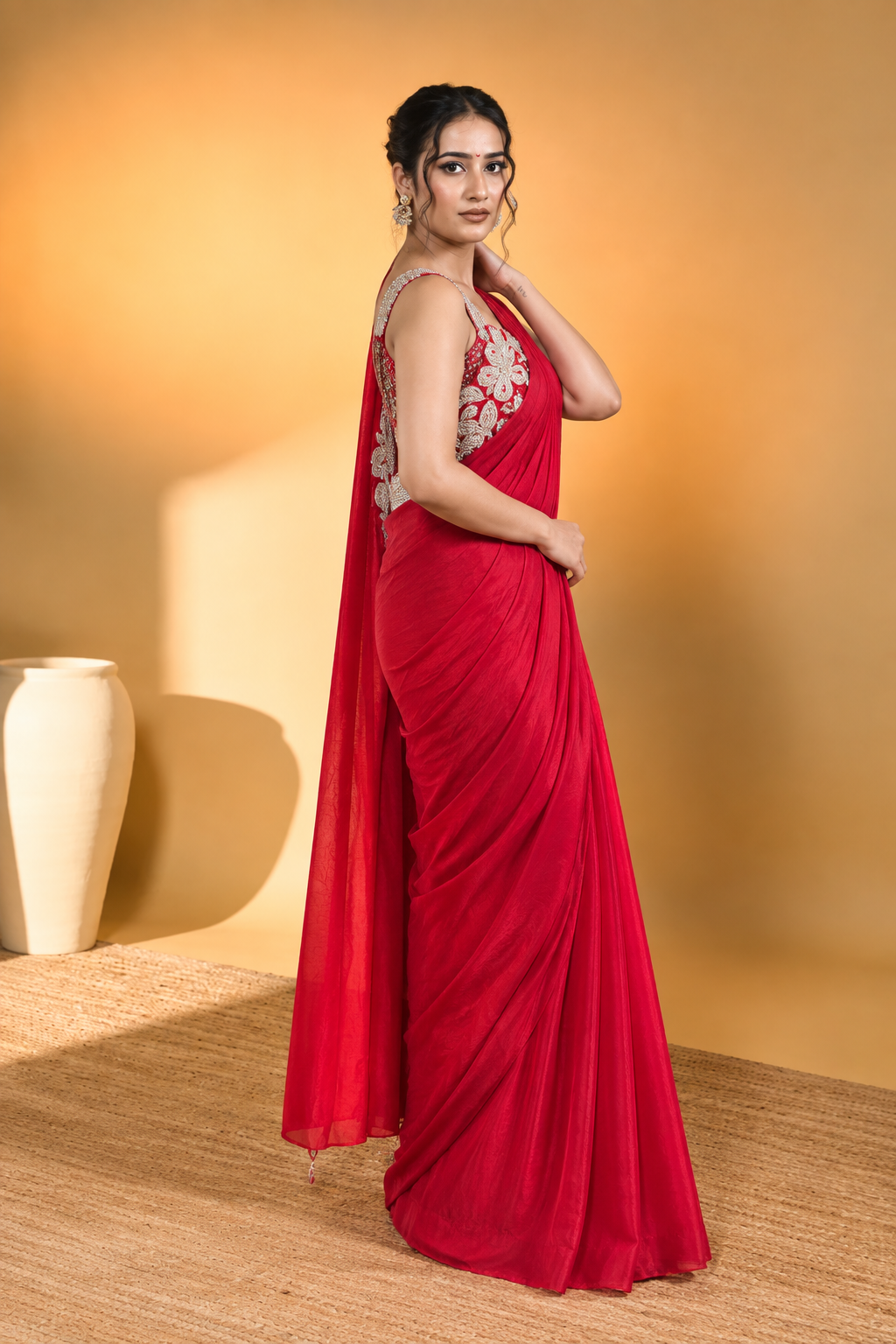 Red Lycra Pre-Draped Saree with Floral Embroidery