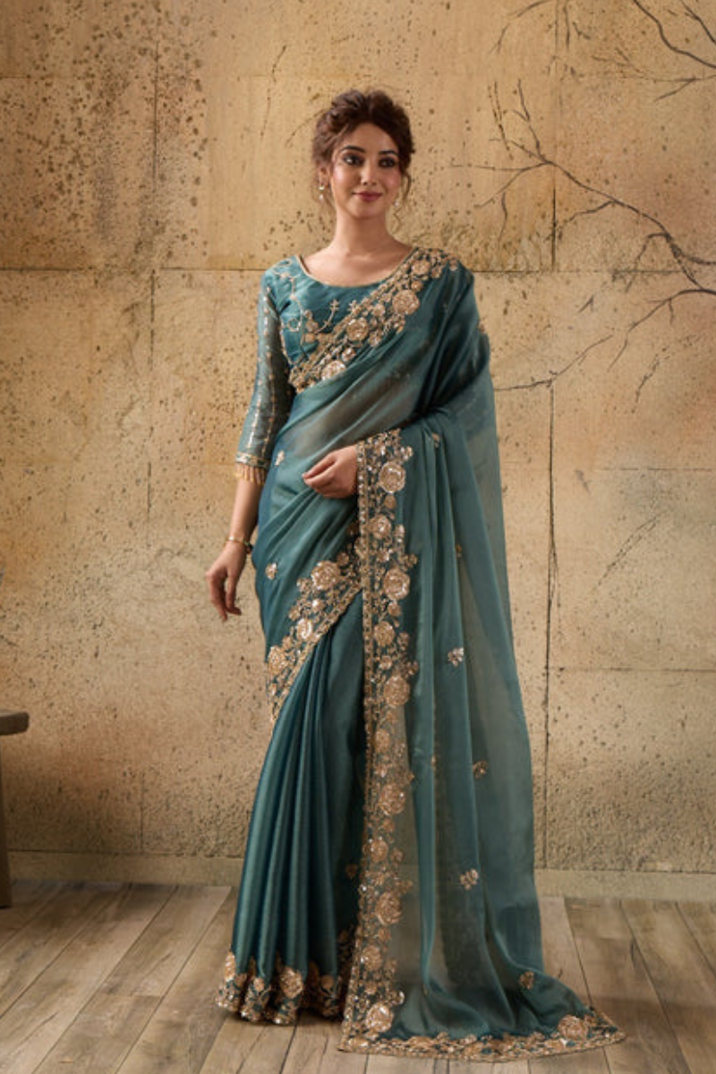 Bottle Green Organza Saree with Floral Hand Embroidery with Stitched Blouse