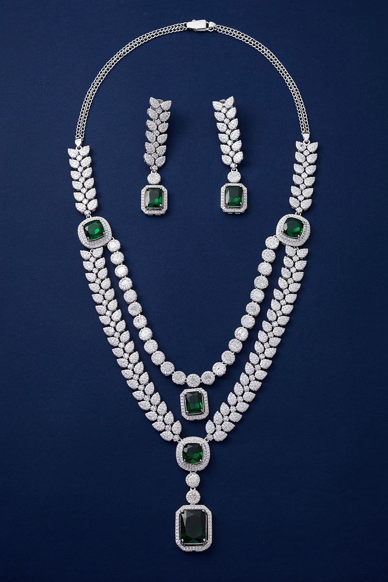 Emerald Green American Diamond Double-Layer Leaf Necklace