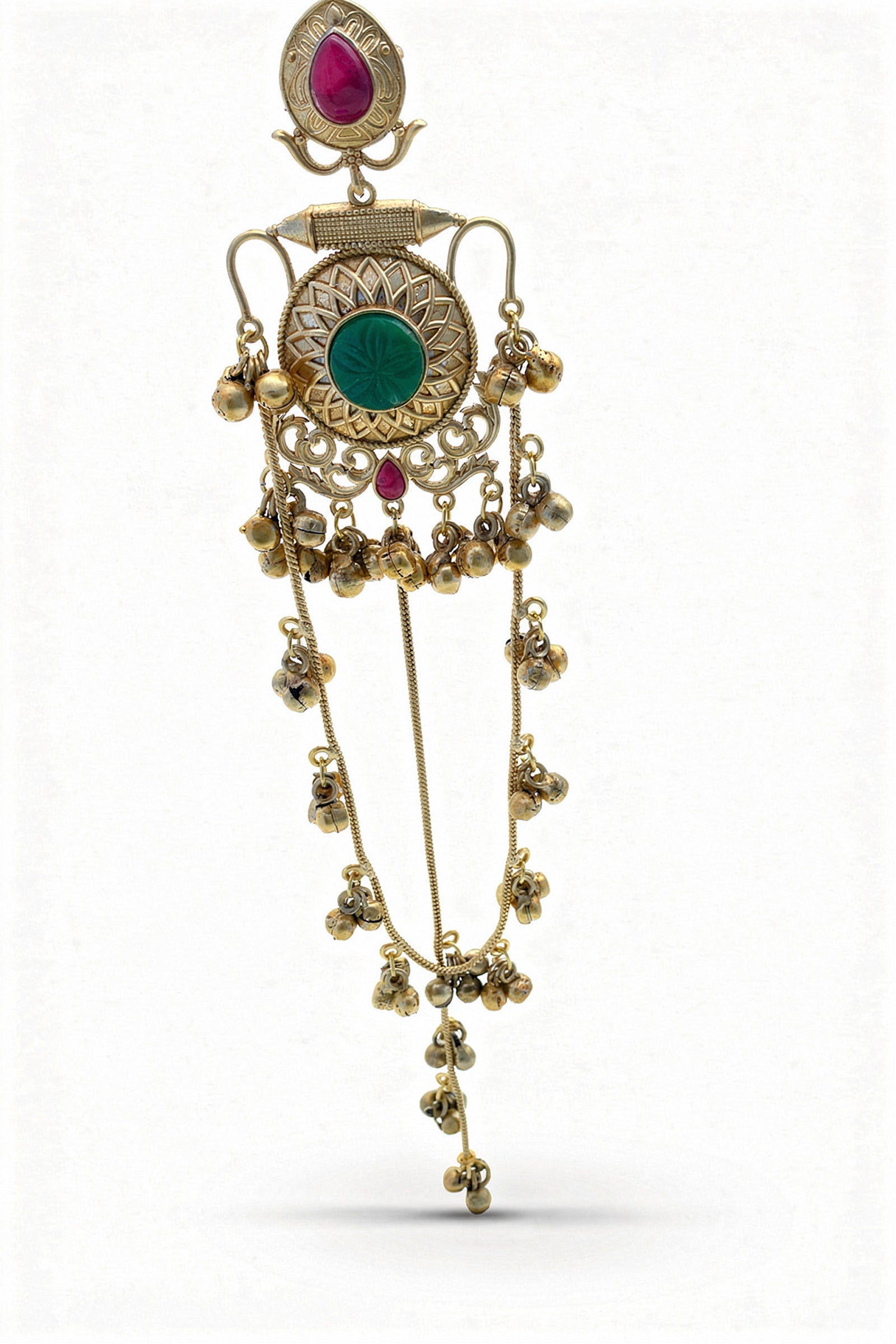Royal Red & Green Stone Teardrop Earrings with Kanoti Chain