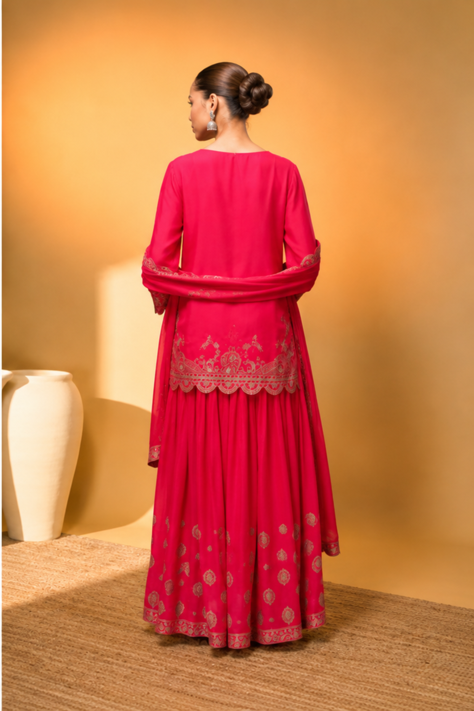 Rani Pink Crepe Kurta Sharara Set with Golden Zari Embroidery