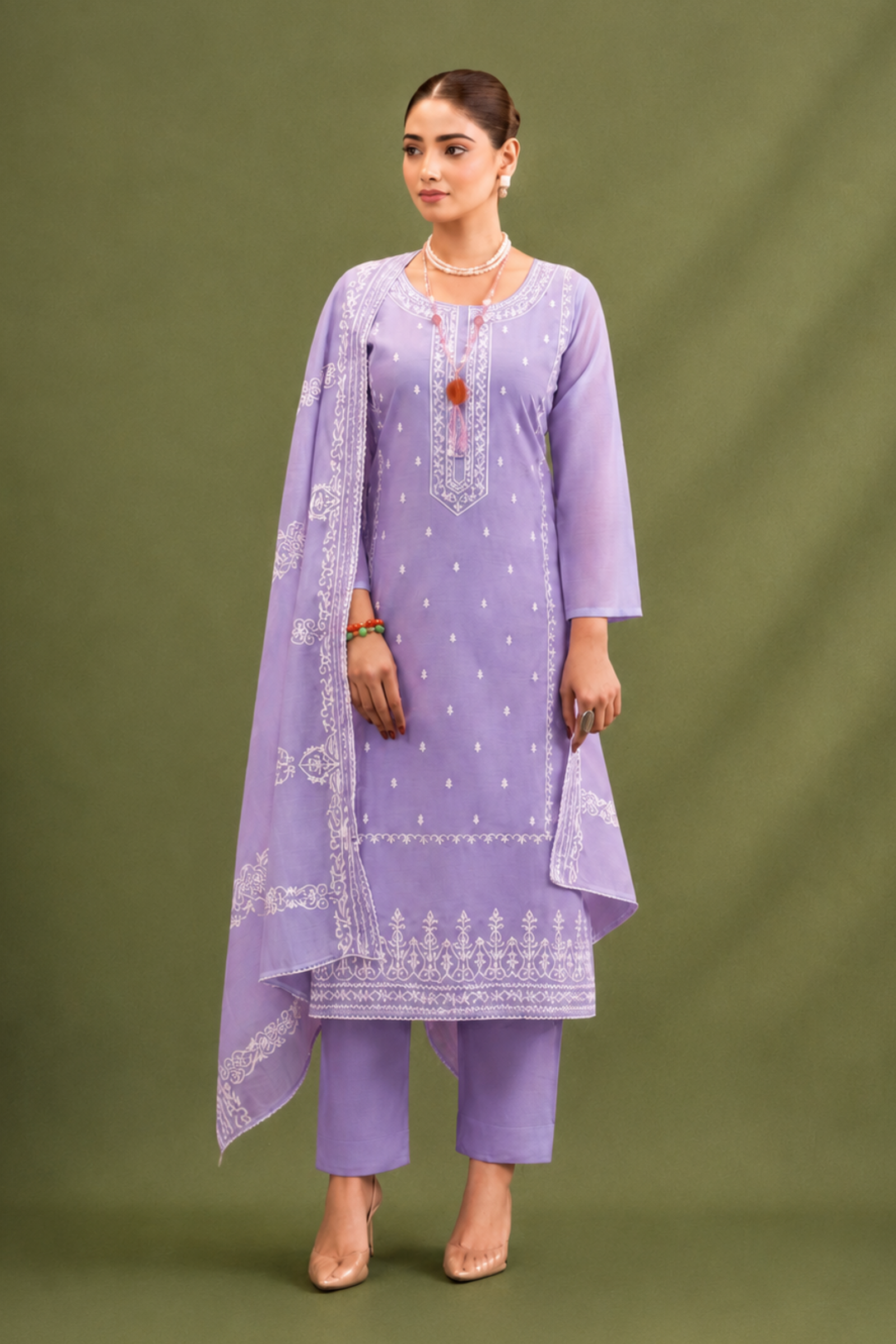 Lavender Pure Mal Cotton Suit Set with Laser Cut Work Design