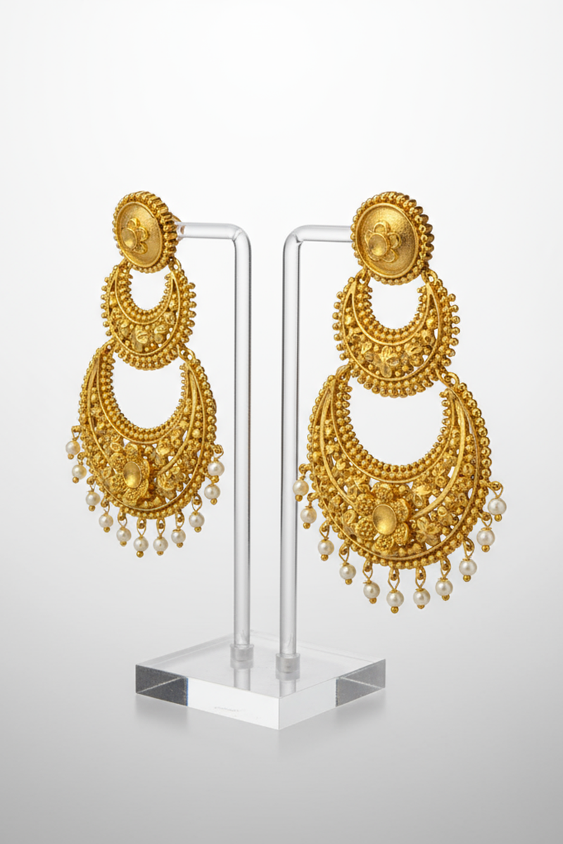 Gold Plated Chandbali Stud Earrings with Floral Design