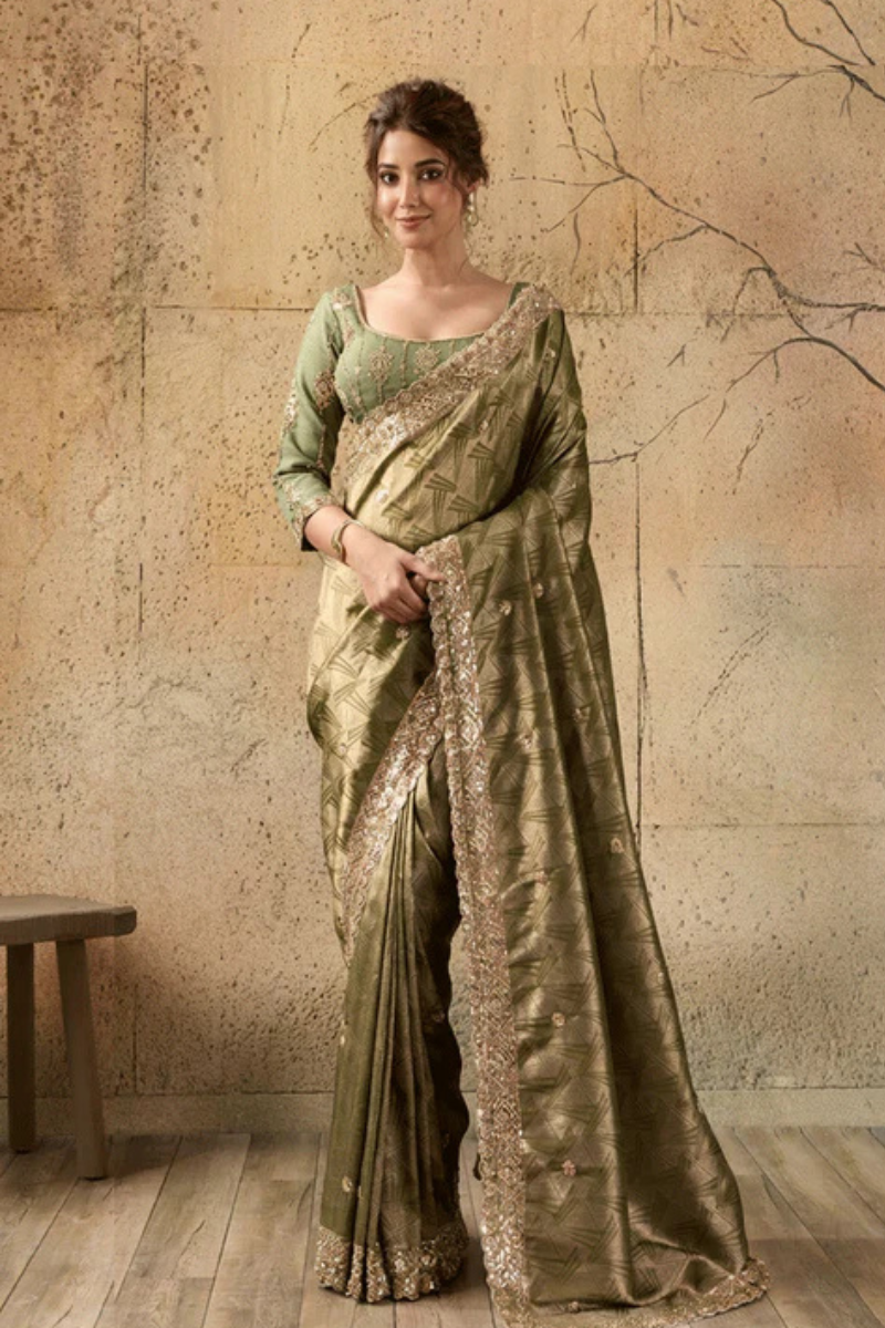 Mehandi Green Organza Silk Saree with Zari Hand Embroidery with Stitched Blouse