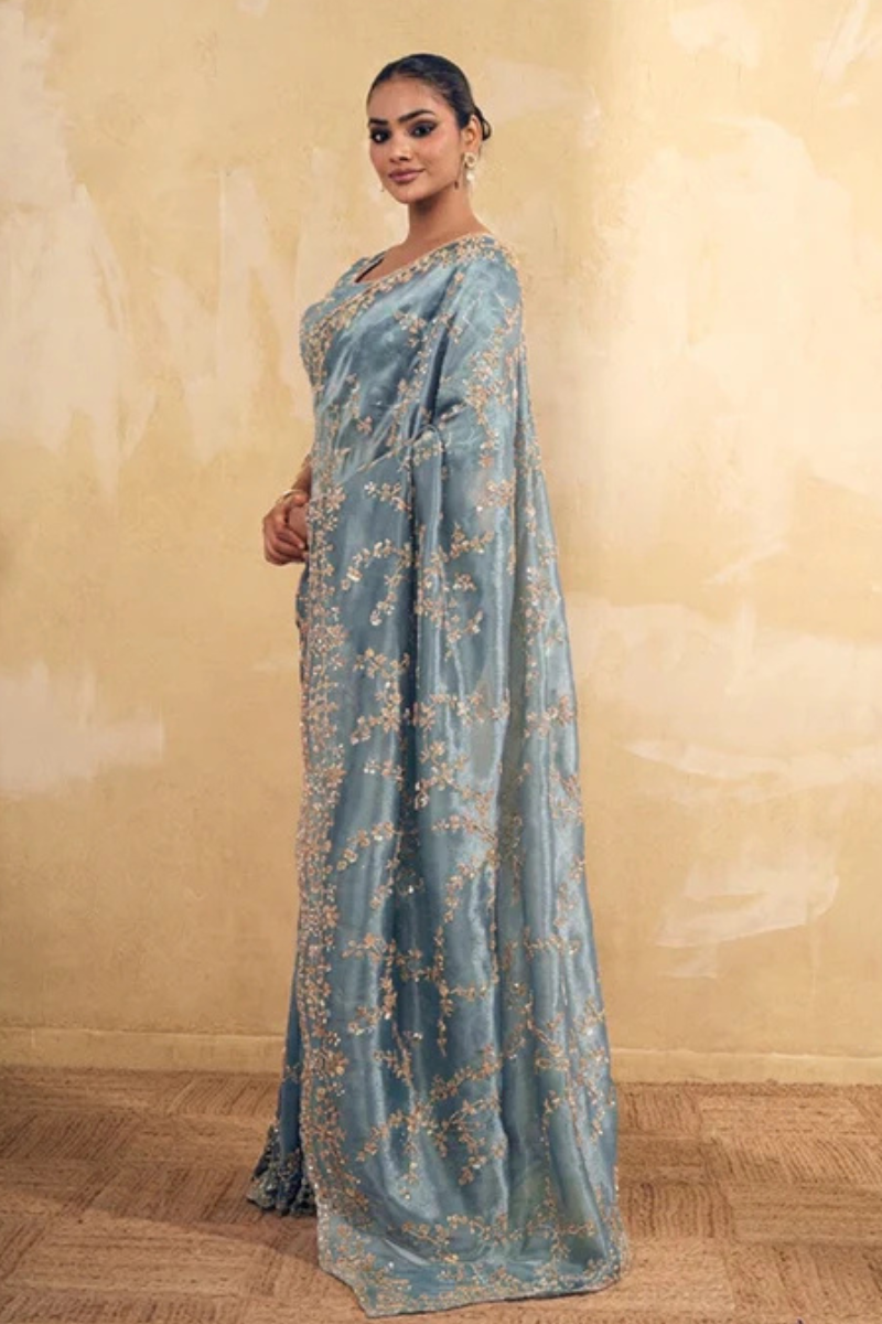Aqua Blue Organza Silk Saree with Hand Embriodery with Stitched Blouse