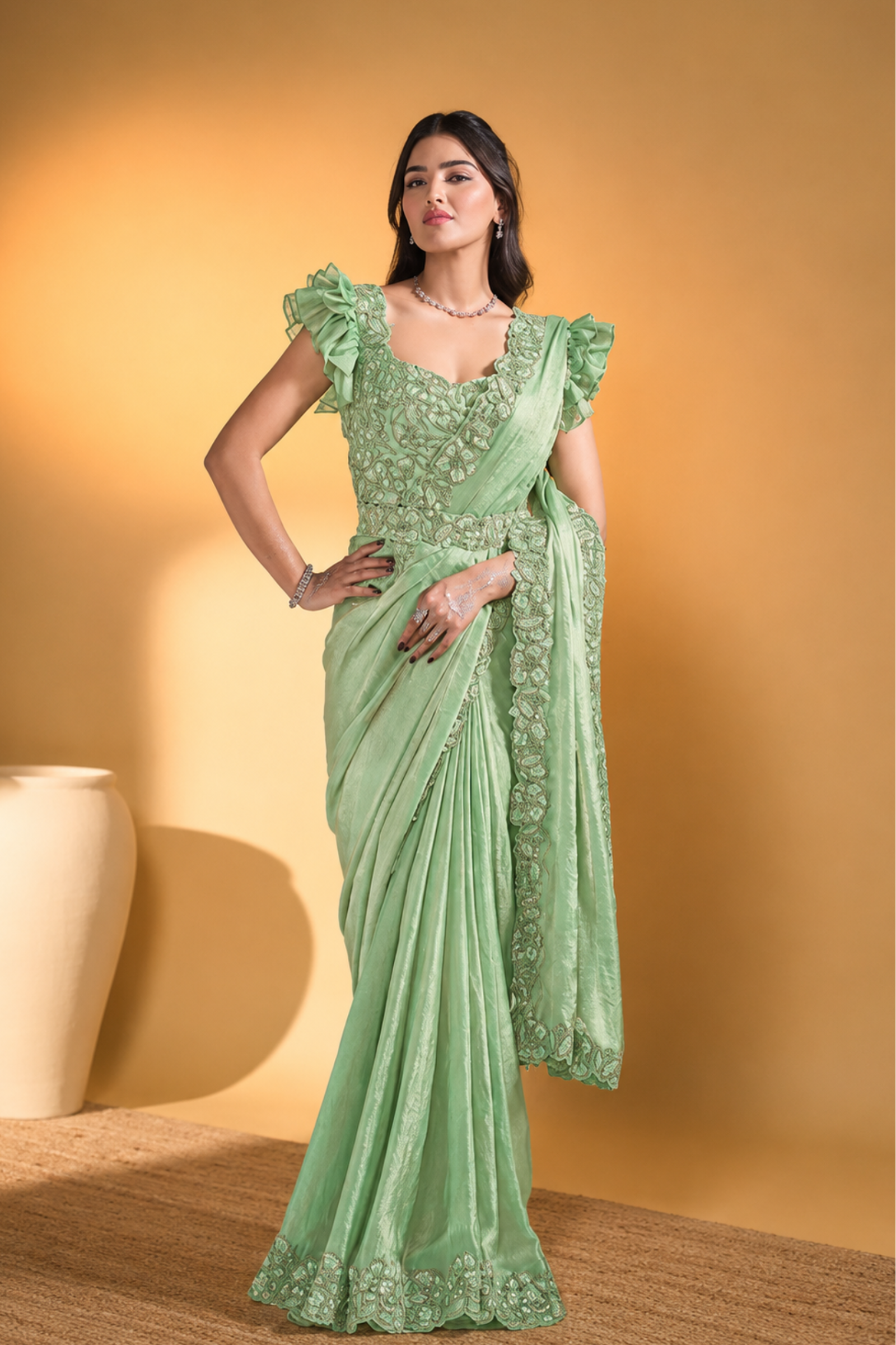 MAYRAKE Green Ready-to-Wear Organza Silk Saree with Sequins & Moti Work
