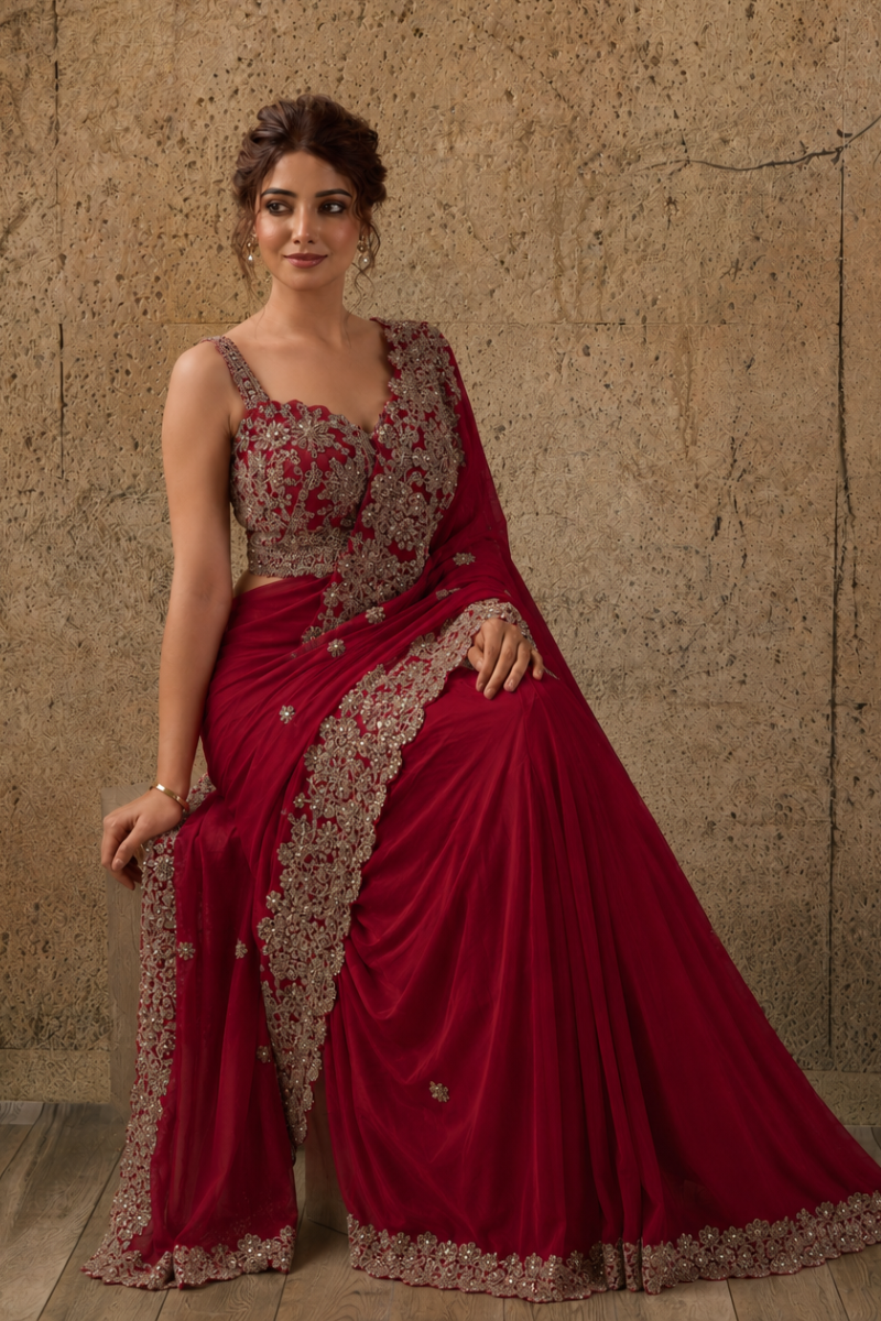 Wine Red Lycra Pre-Draped Saree with Floral Embroidered Ready To Wear Blouse