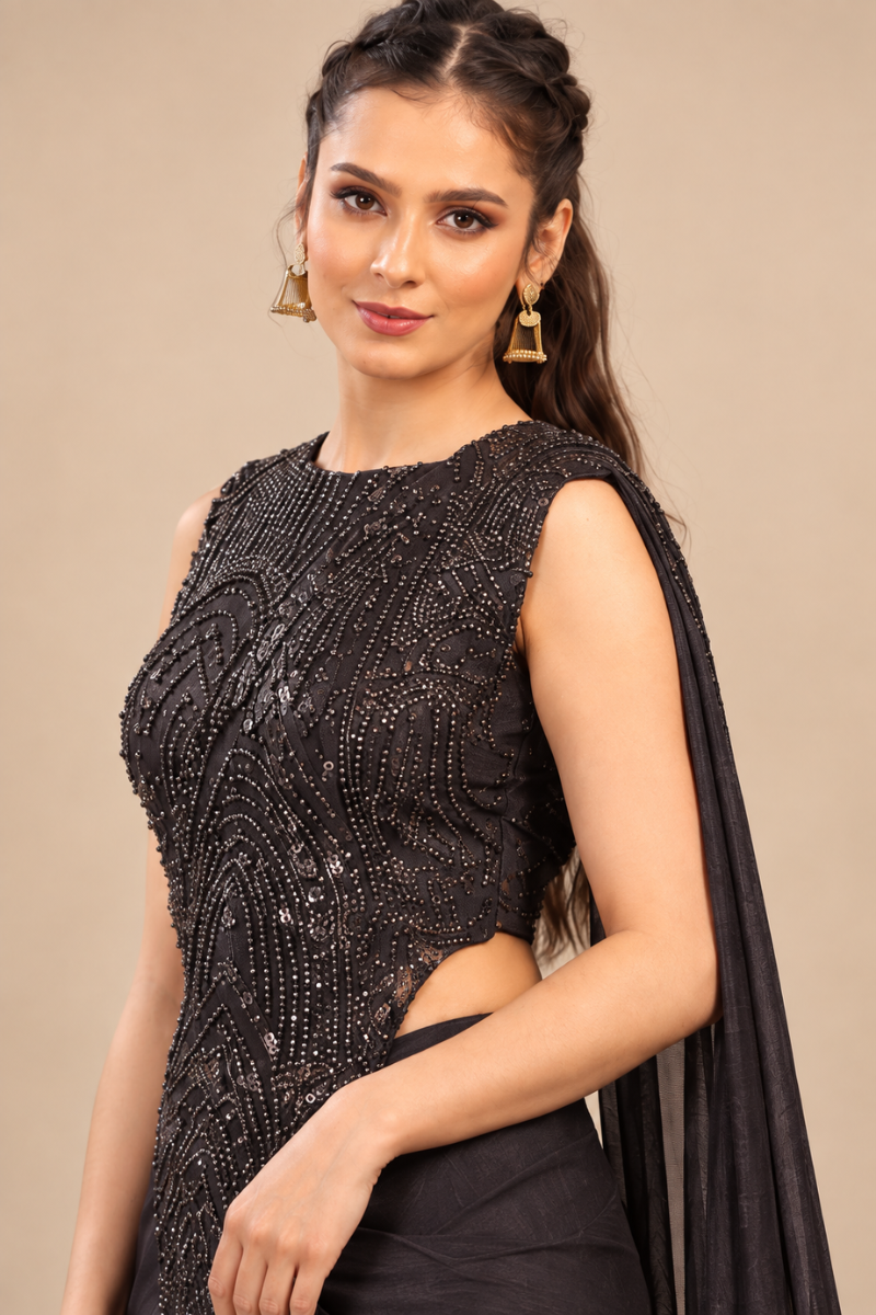 Brown Lycra Pre-Draped Saree with Sequin Embroidered Blouse