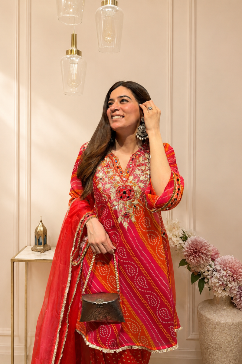 Red Georgette Printed Suit Set with Floral Embroidered Work