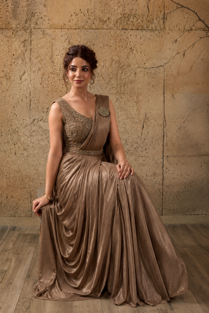 Mocha Brown Lycra Pre-Draped Saree with Ready to Wear Blouse