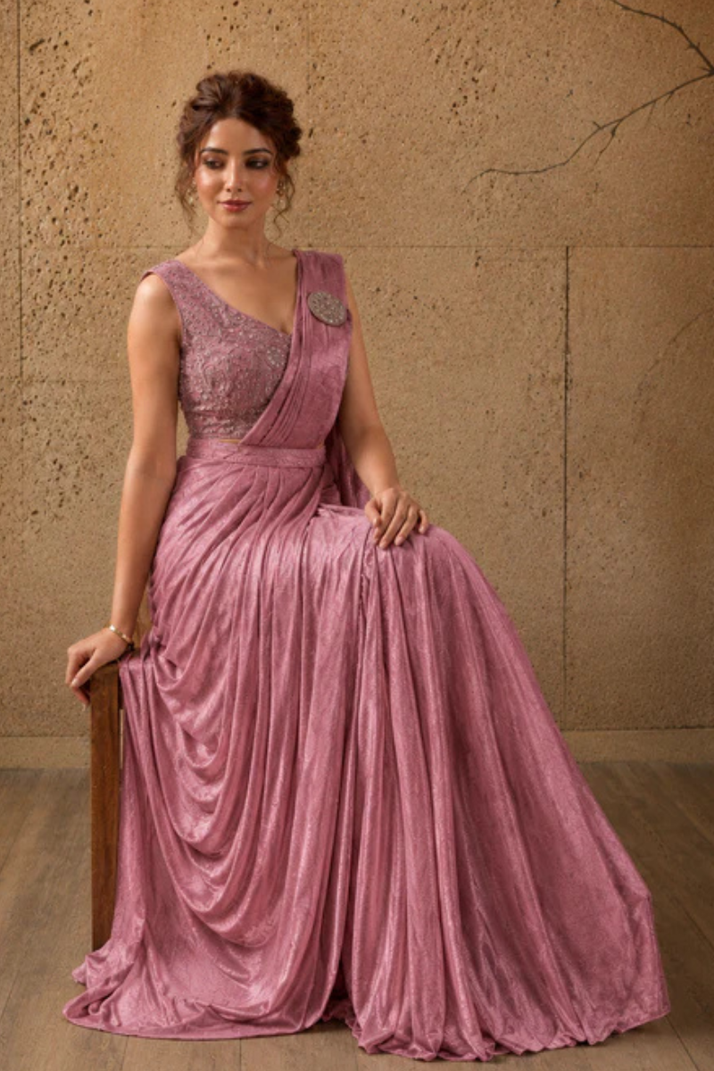 Rose Pink Lycra Pre-Draped Saree with Ready to Wear Blouse
