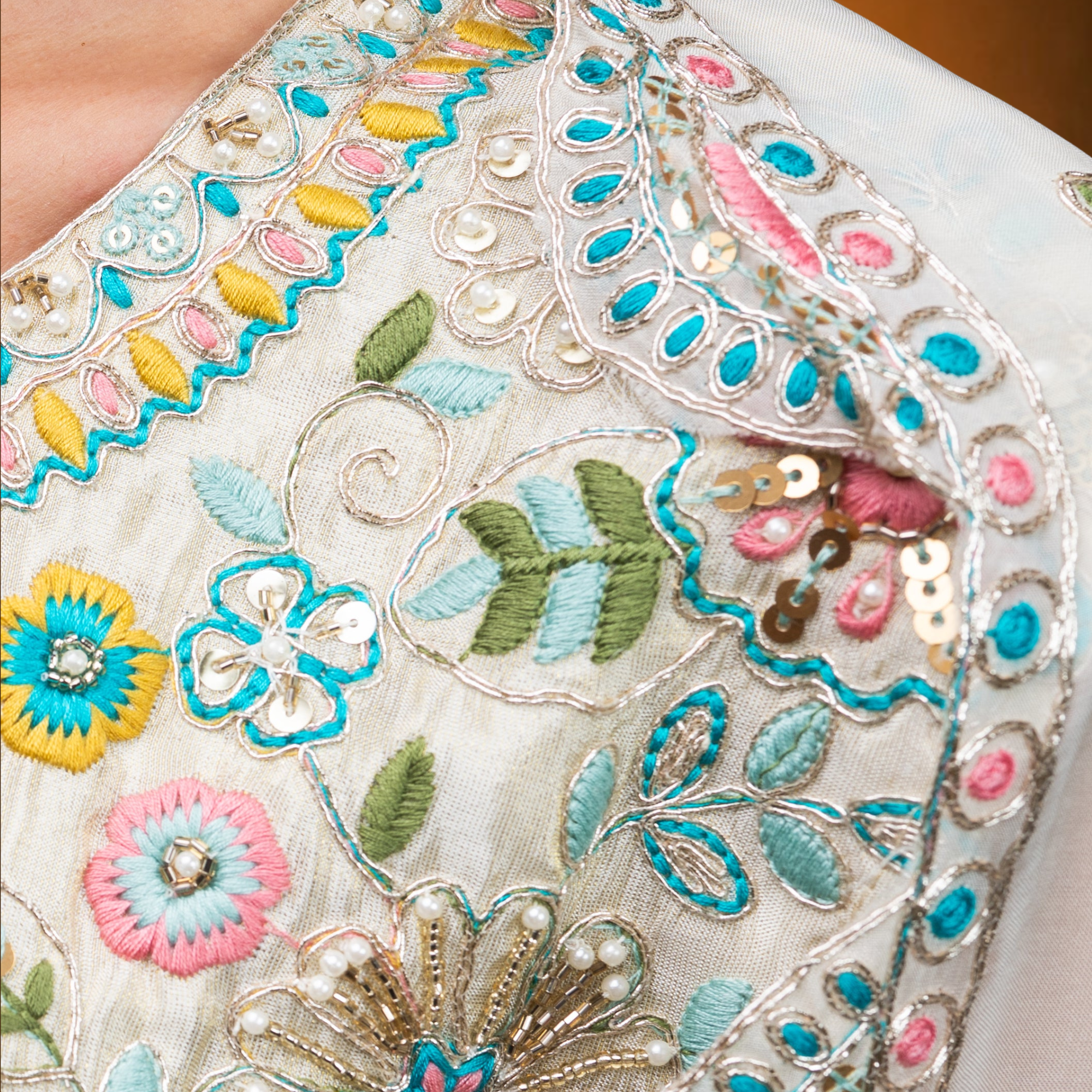 Ivory Cream White Crepe Garara Set with Pearl Embroidery