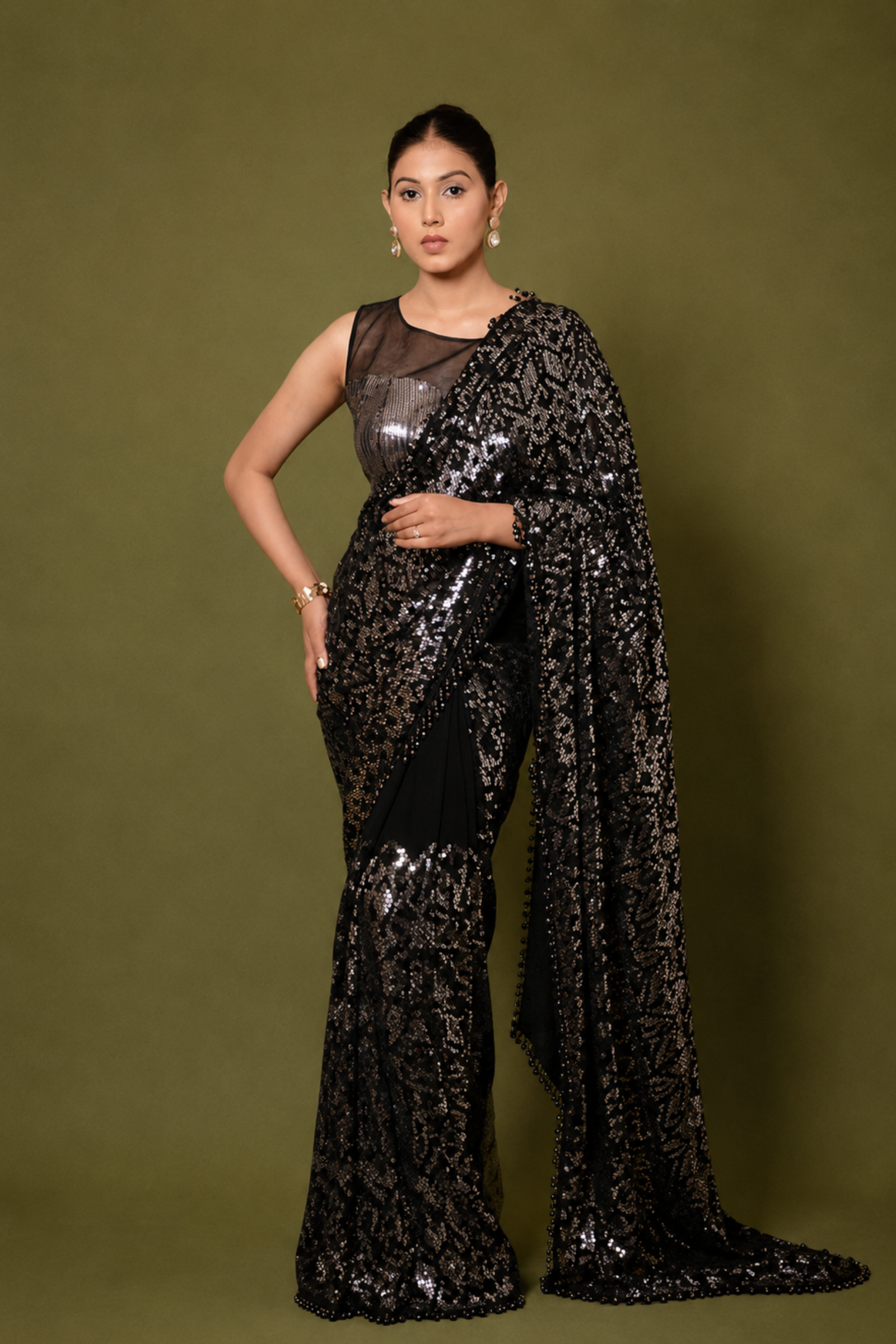 Black Georgette Saree with All-Over Sequin Embroidery With Ready To Wear Blouse