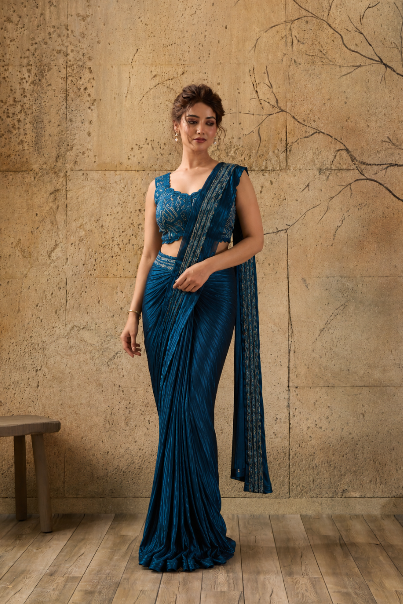 Teal Blue Georgette Pre-Draped Saree with Heavy Sequin Embroidered Ready to Wear Blouse