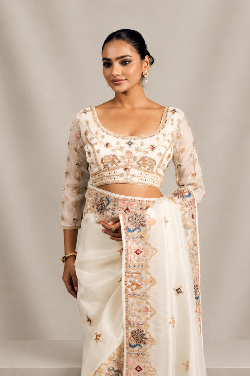 Ivory White Organza Saree with Peacock Hand Embroidery with Stitched Blouse