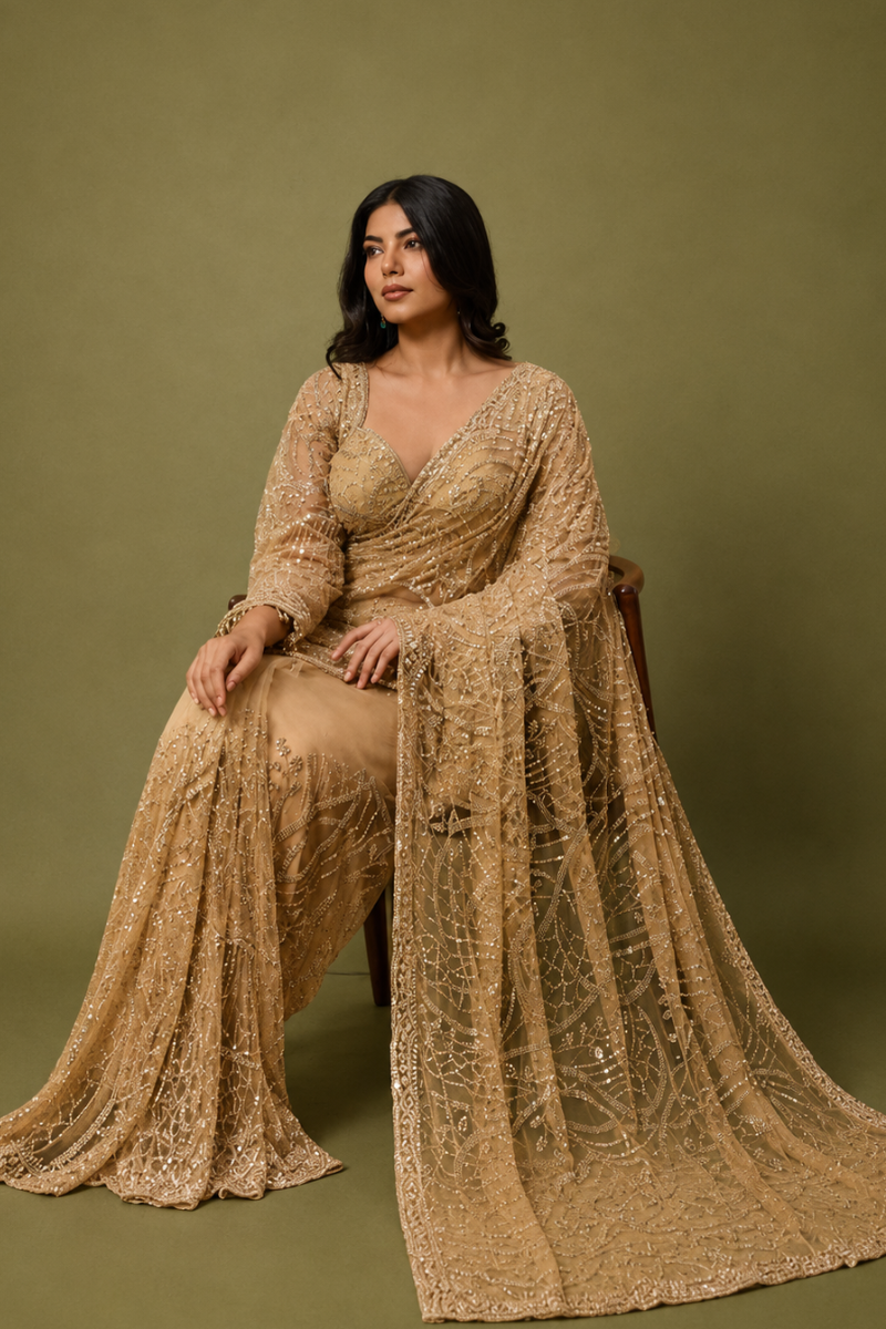Champagne Gold Hand-Embroidered Designer Saree With Ready To Wear Blouse