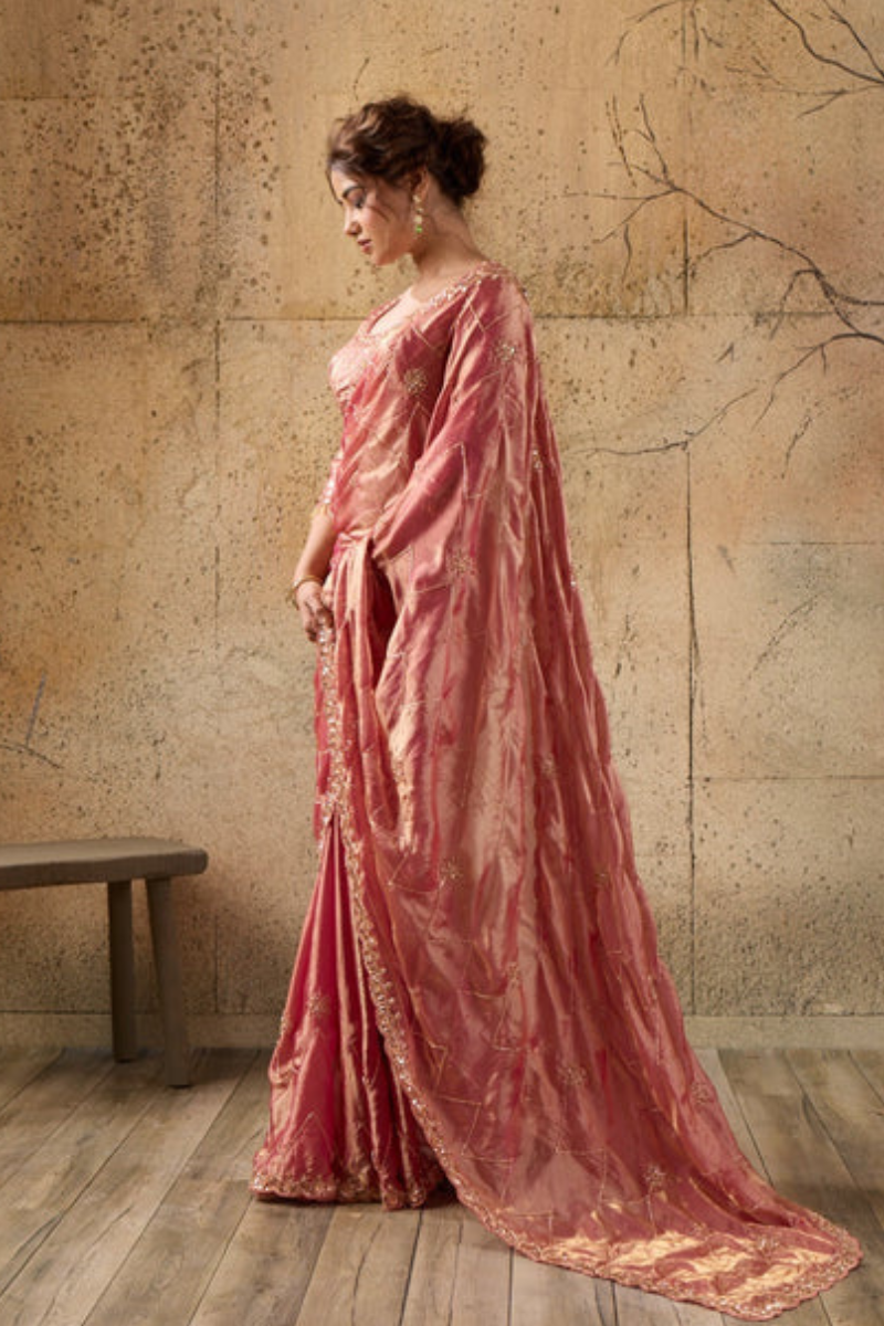 Rose Pink Organza Saree with Hand Embroidery with Stitched Blouse