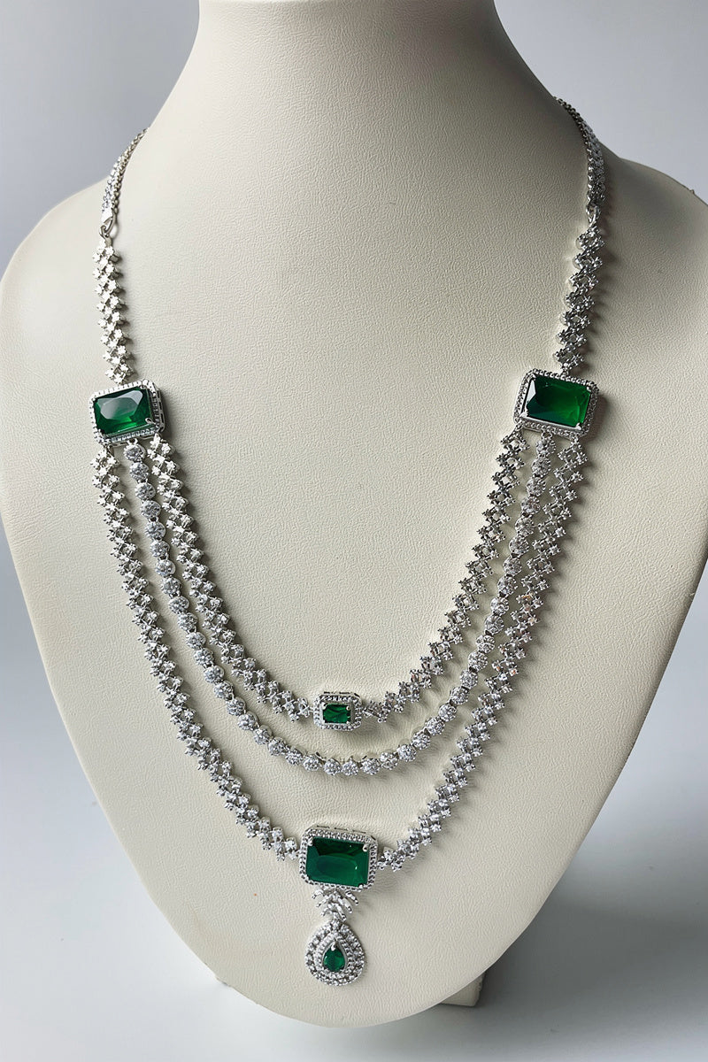 Royal Emerald Green Square-Cut American Diamond 3-Layer Necklace Set