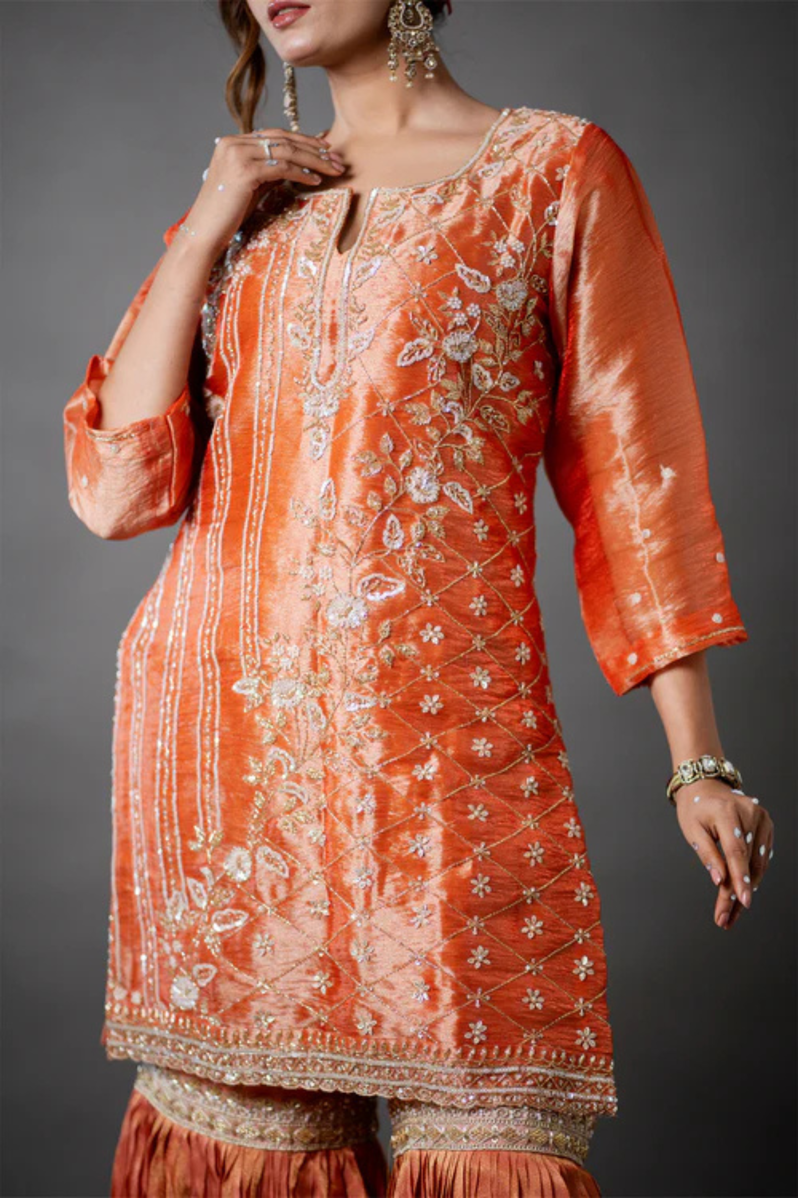 Orange Organza Kurta Gharara Set with Zari, Sequin & Pearl Hand Embroidery Work