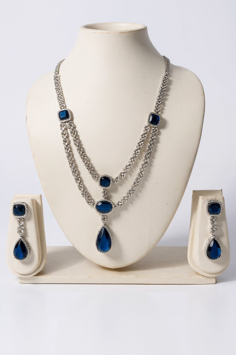 Sapphire Oval-Cut Necklace Set with American Diamond Detailing