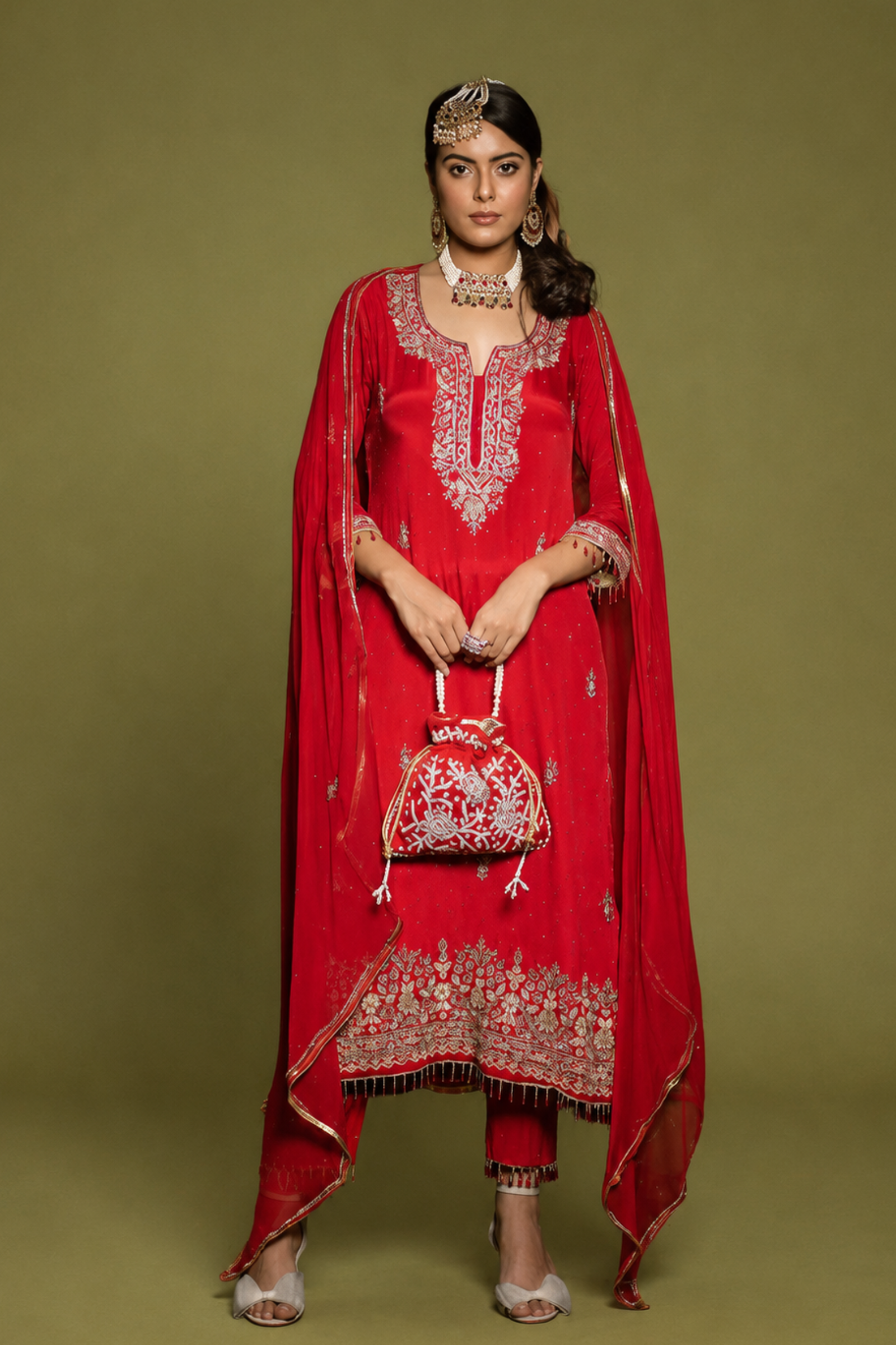 Red Heavy Zardosi Pearl Hand-Embriodered Suit