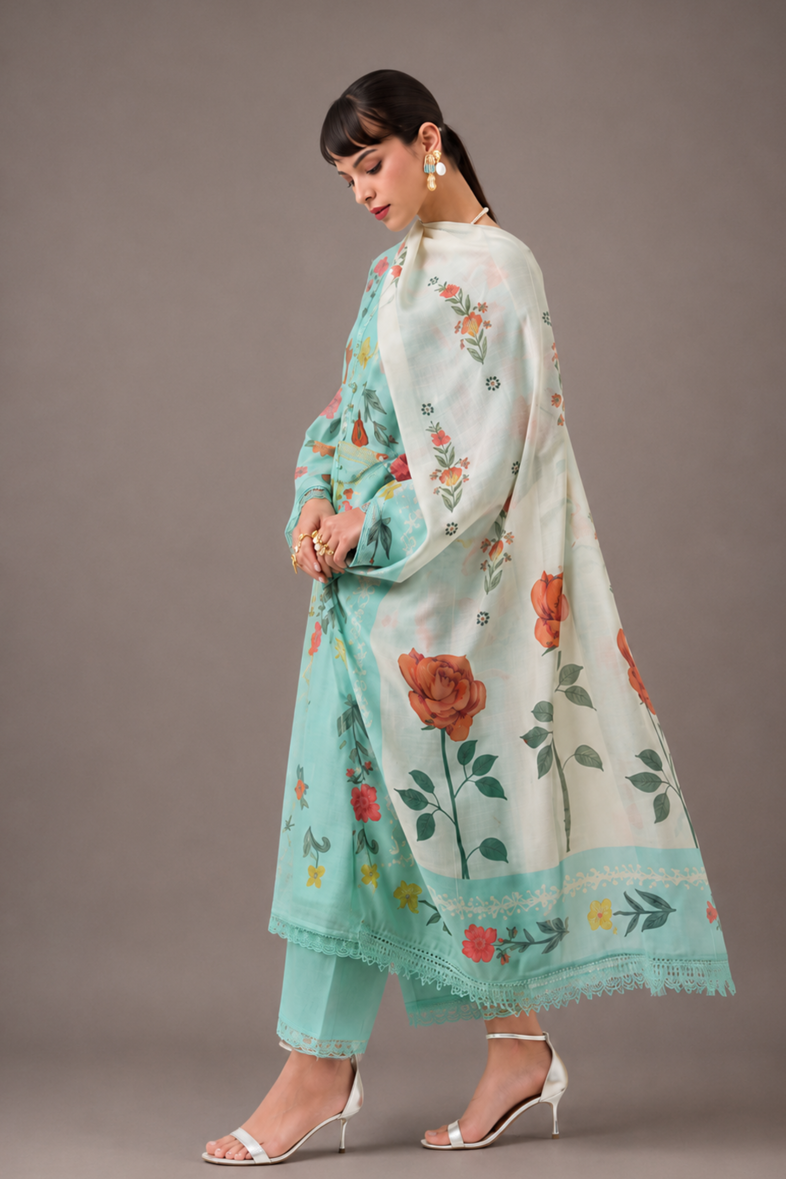 Green Pure Cotton Lawn Suit Set With Resham Embroidery, Digital Print & Scalloped Crochet Design
