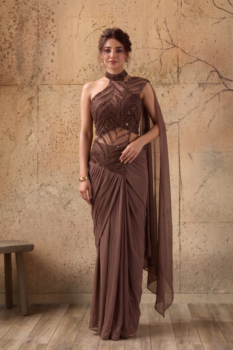 Coffee Brown Lycra Pre-Draped Saree with Sequin and Embroidered Ready to Wear Blouse