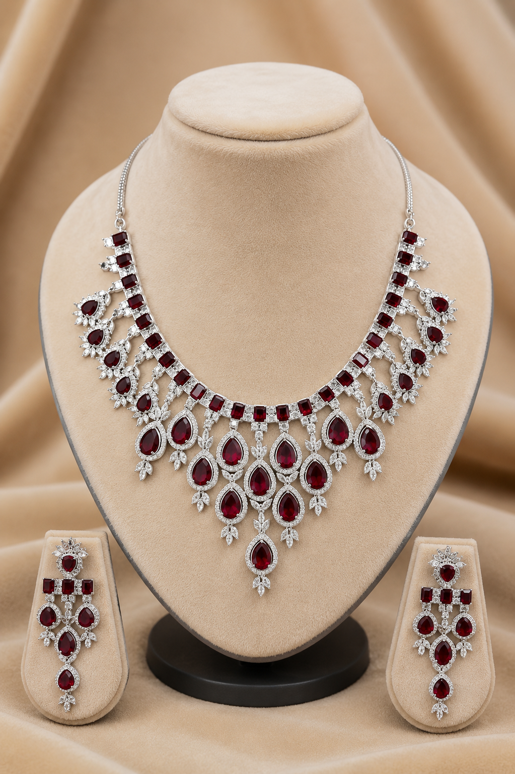 Royal Ruby Teardrop Diamond-Studded Statement Necklace with Cascading Drop Design
