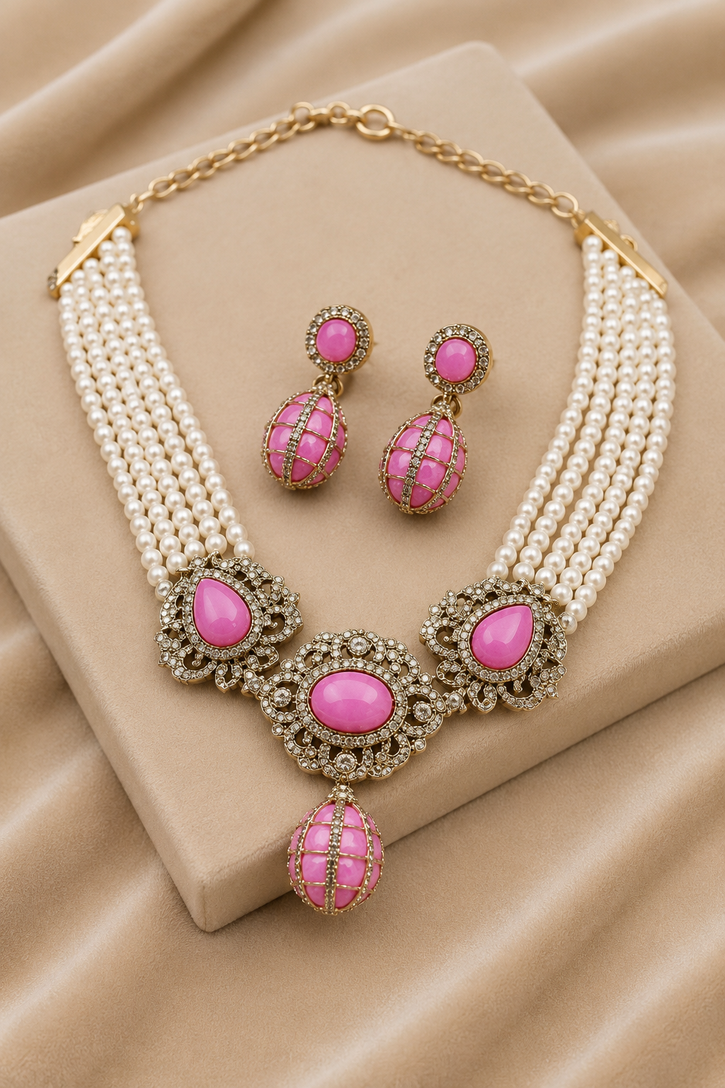 Rose Pink Oval Stone Pearl Strand Necklace Set with Antique Golden Floral Detailing & Matching Drop Earrings
