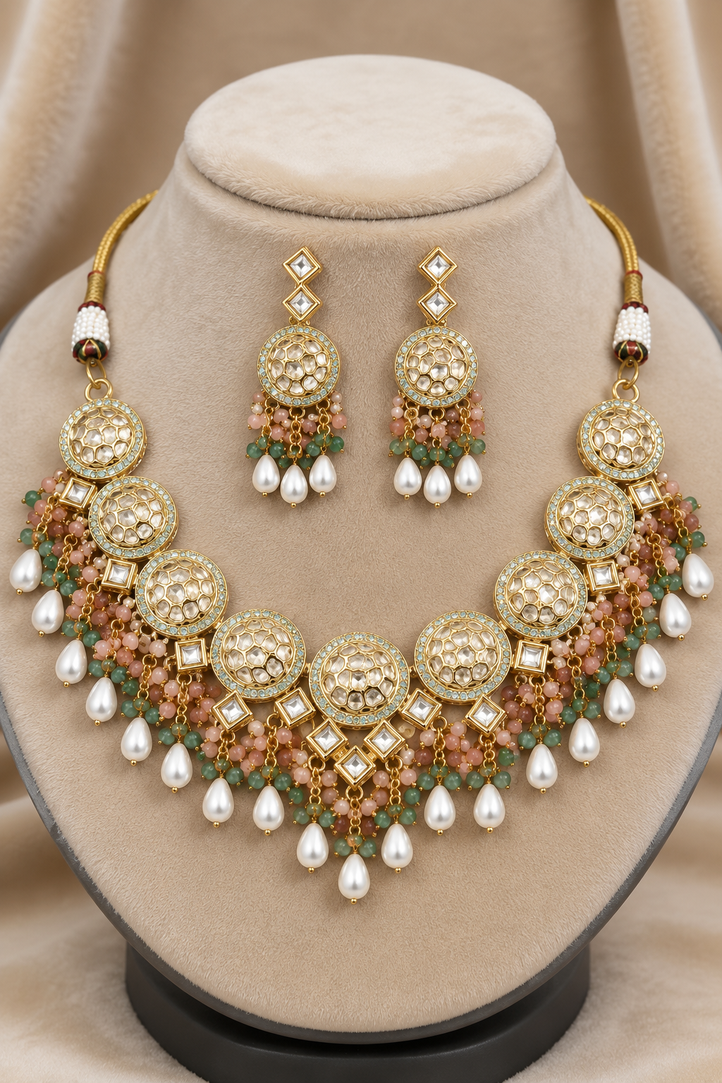 Gold Finish Kundan Multi-Color Beads and Pearls Necklace Jewellery
