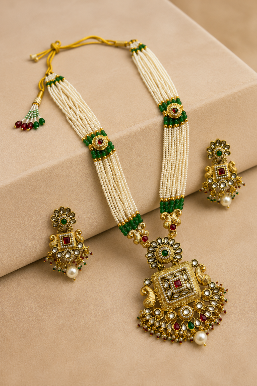 Gold-Tone Kundan Pearl Long Necklace Set with Multicolor Kundan Design
