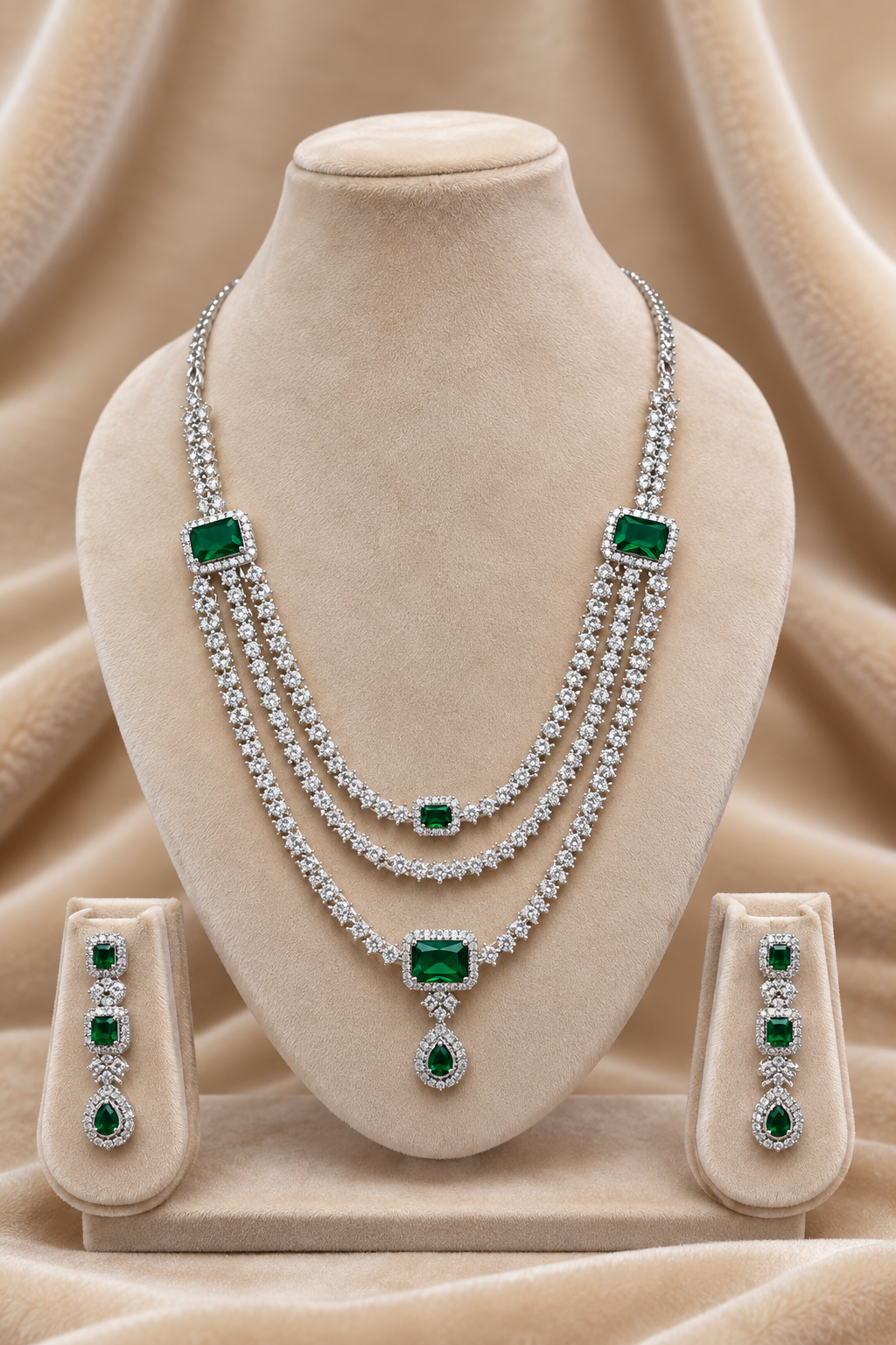 Royal Emerald Green Square-Cut American Diamond 3-Layer Necklace Set
