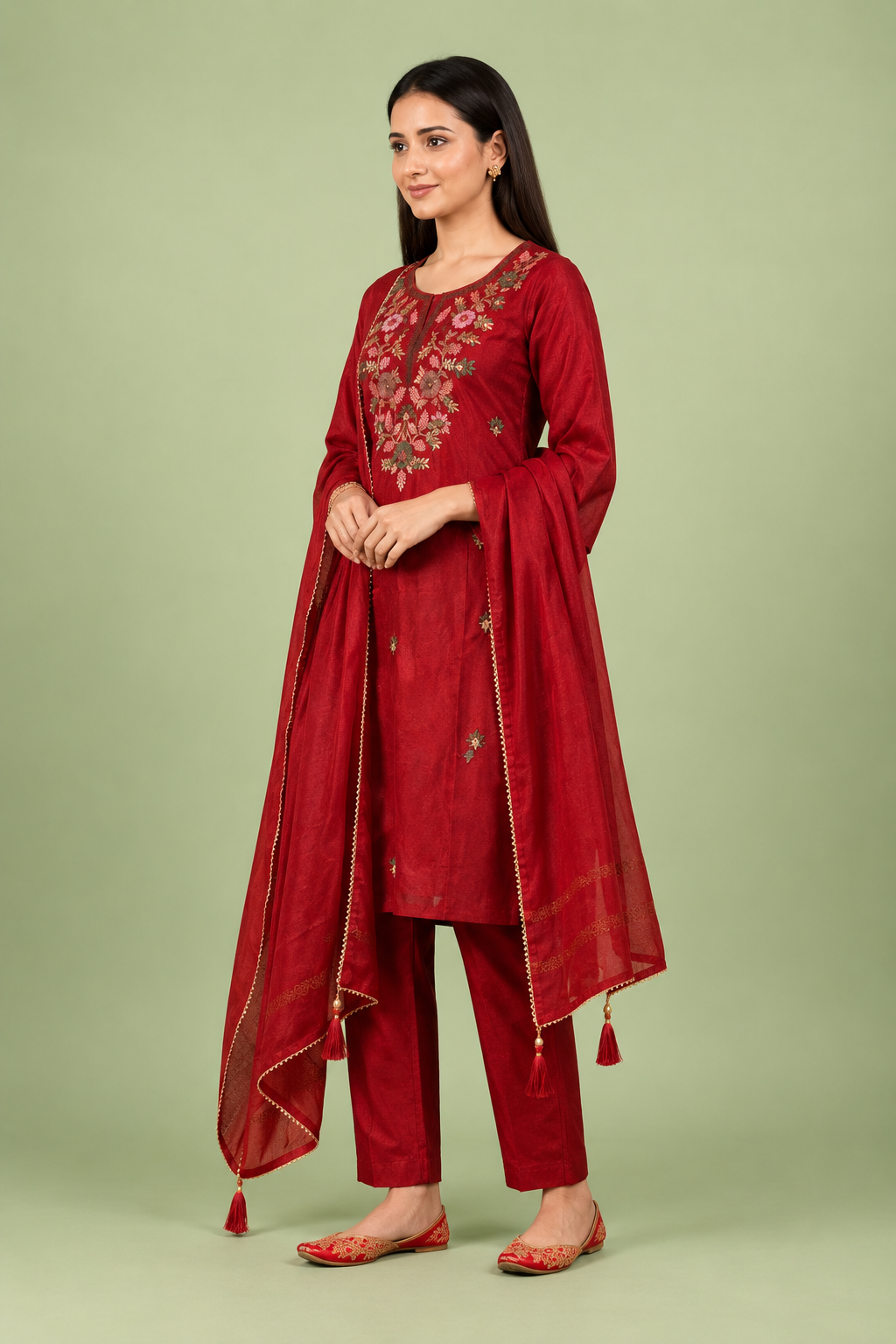 Crimson Silk Kurta Set With Thread Work Embroidery