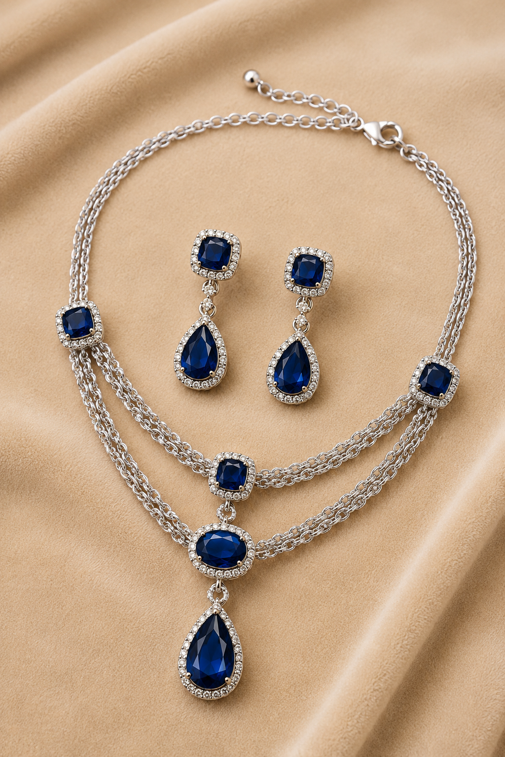 Sapphire Oval-Cut Necklace Set with American Diamond Detailing