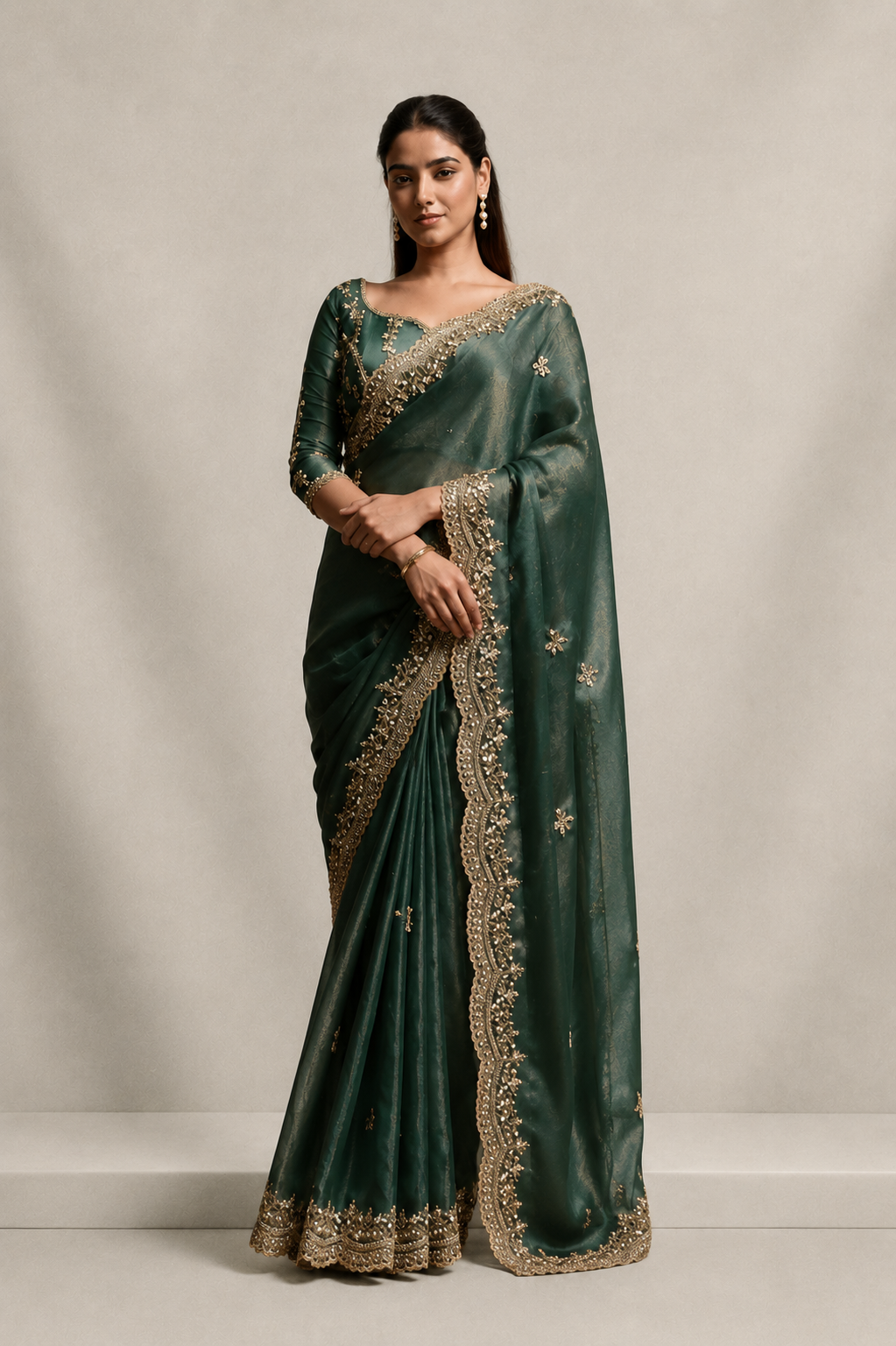 Olive Green Organza Silk Saree with Hand Embroidery with Stitched Blouse