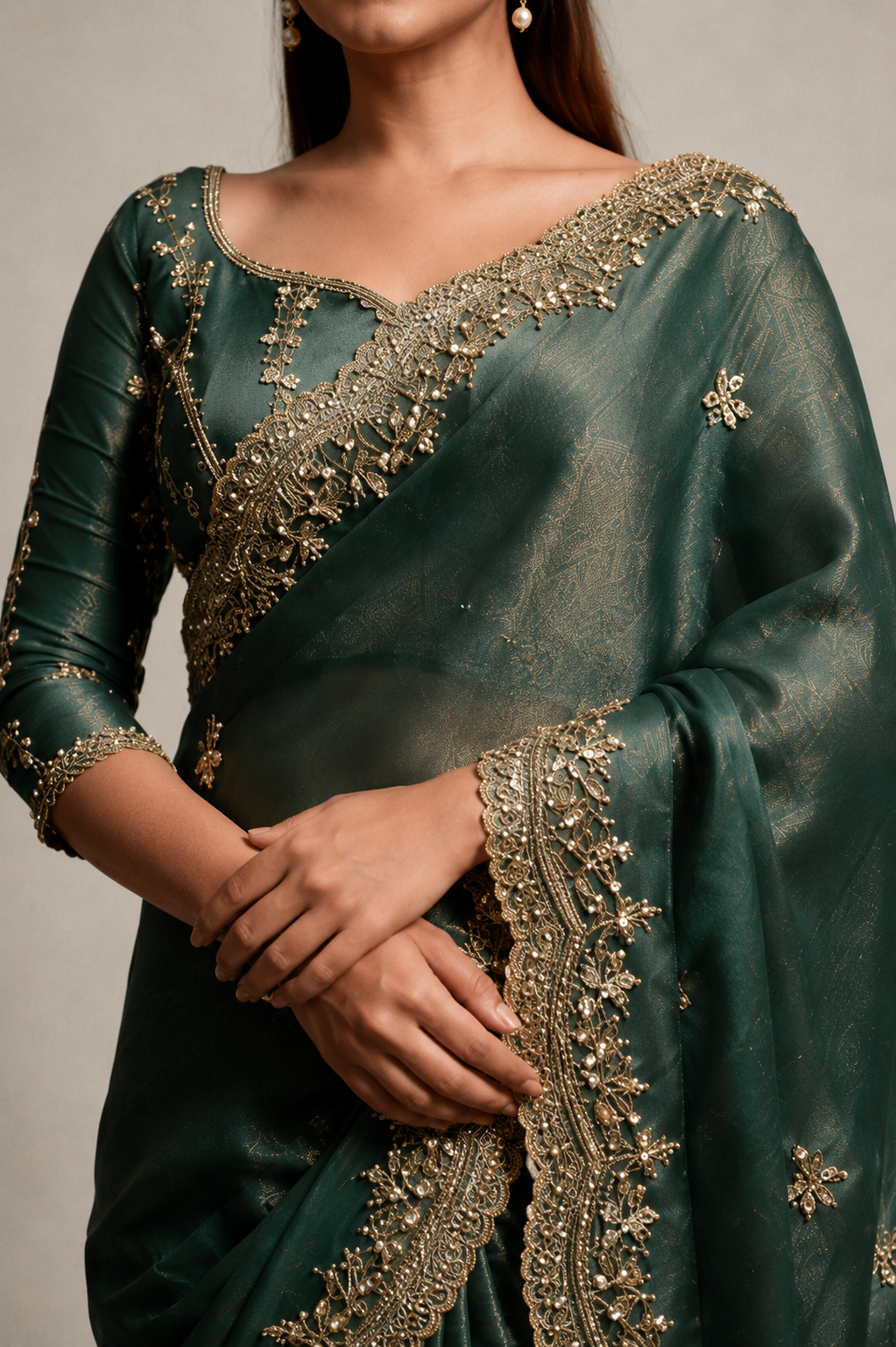 Olive Green Organza Silk Saree with Hand Embroidery with Stitched Blouse